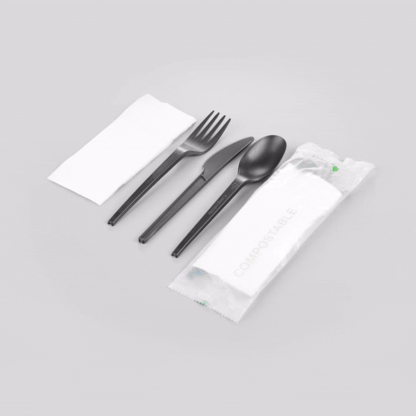 Eco-Friendly Black CPLA Plastic Cutlery Set - 100-Piece Compostable Utensils with Biodegradable Wrapper & White Napkins | Heat Resistant 6.5