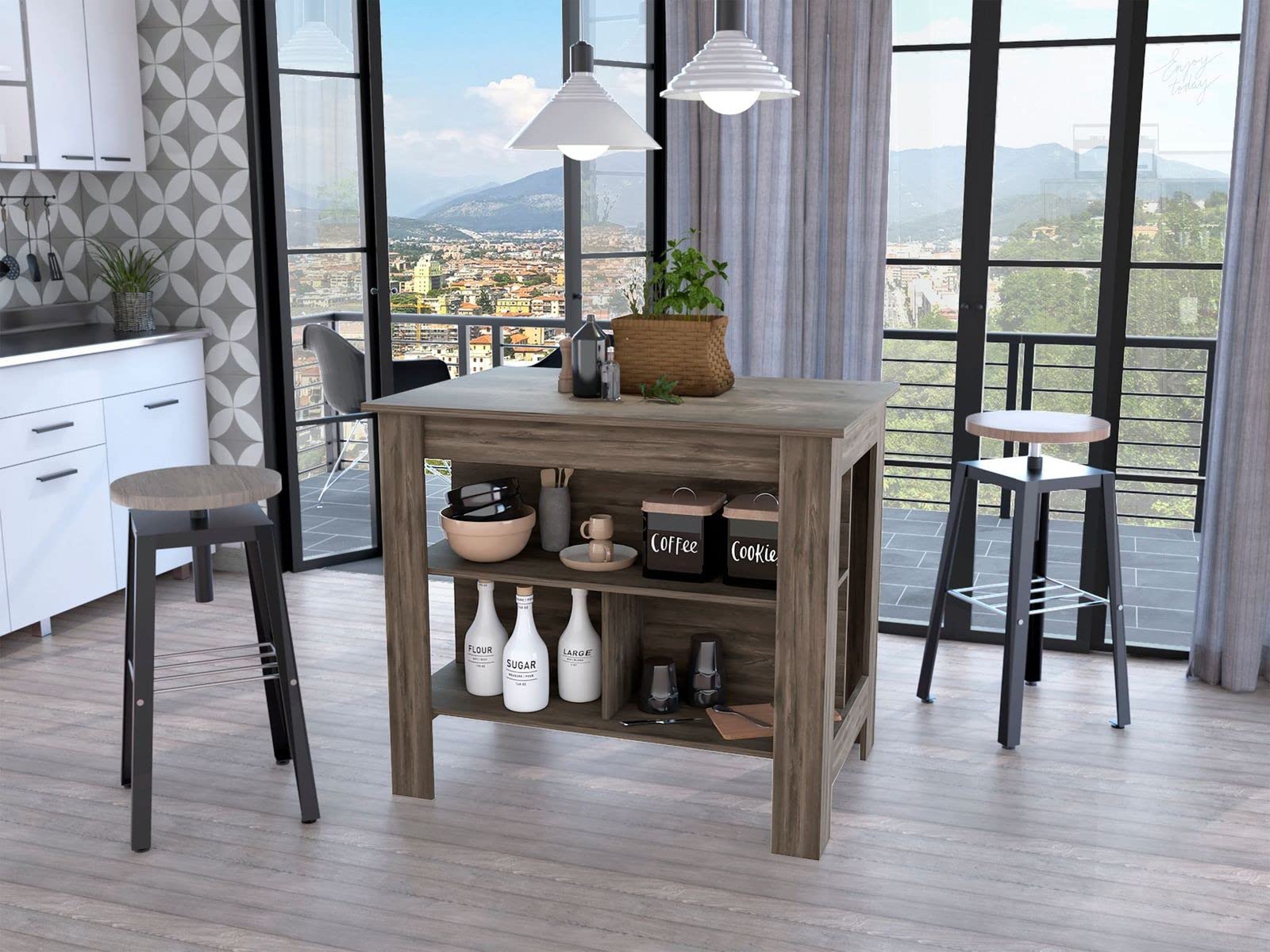 Brown Kitchen Island with 3 Storage Shelves - Sturdy Particle Board for Small Spaces, Countertop Extension & Extra Storage - Perfect for Apartments, Kitchens & Dining Areas