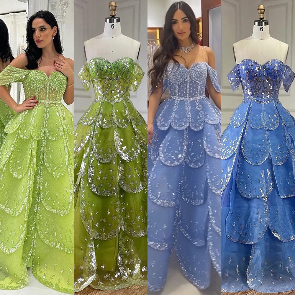 Luxury Beaded Blue A-Line Evening Gown for Women - Arabic Dubai Inspired Wedding Party Dress 2025 | Elegant Formal Gowns for Prom, Bridal Shower & Special Occasions
