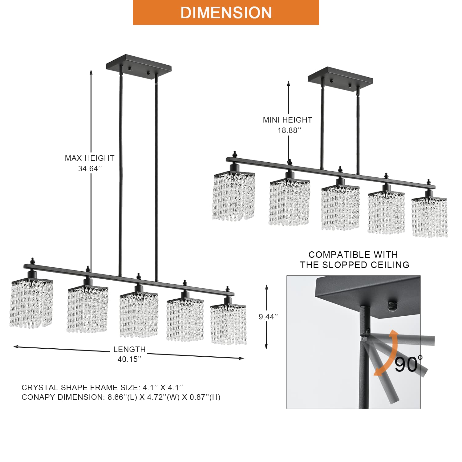 Modern Farmhouse Black Metal Linear Crystal Chandelier - 5-Light Adjustable Pendant Lighting for Kitchen Island & Dining Room Table | Elegant Dining, Kitchen Decor, Farmhouse Lighting