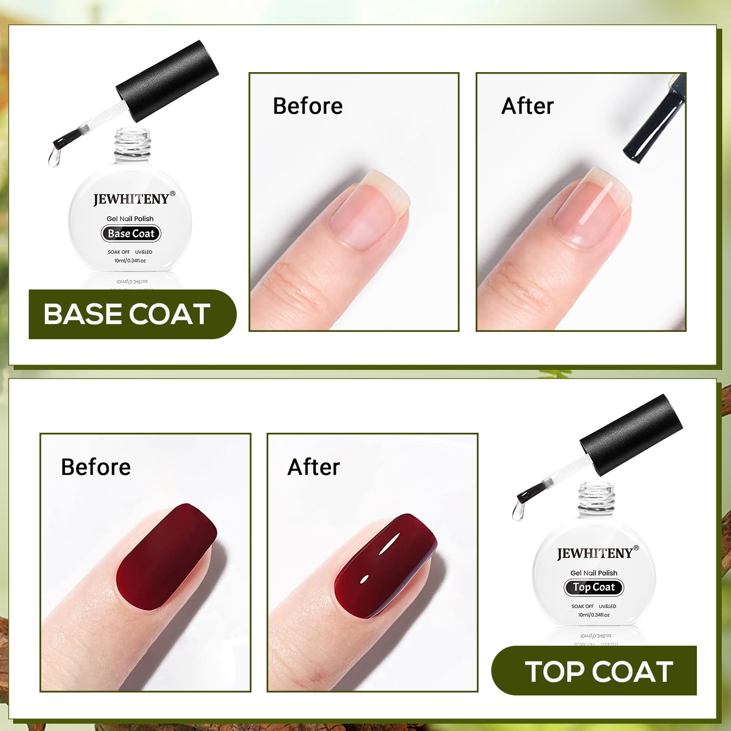JEWHITENY 10ML Gel Top Coat & Base Coat Set - No Wipe Quick Dry, Long Lasting Glossy Nail Polish for DIY Nail Art | Salon Quality at Home, Manicure & Pedicure