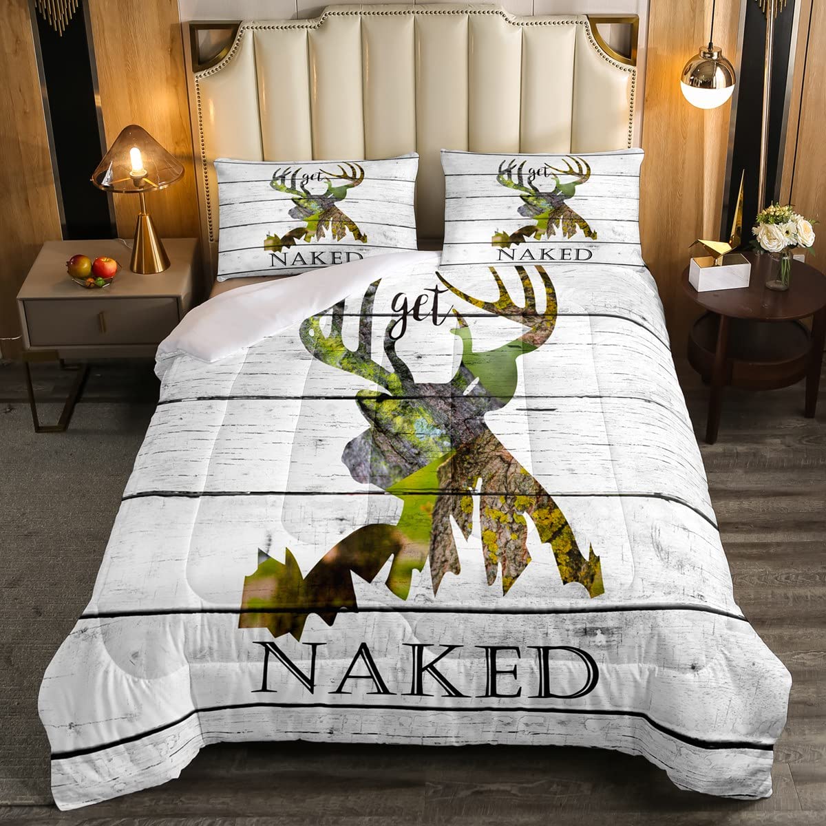 Happy Camping Theme Comforter Set - Deer Elk Print Bedding with Antlers Design for Boys, Girls, Teens & Kids Room Decor - Vintage Wooden Style Duvet Cover - Queen Size - Perfect for Cozy Cabin Retreats, Forest-Themed Bedrooms & Outdoor Adventure Lovers