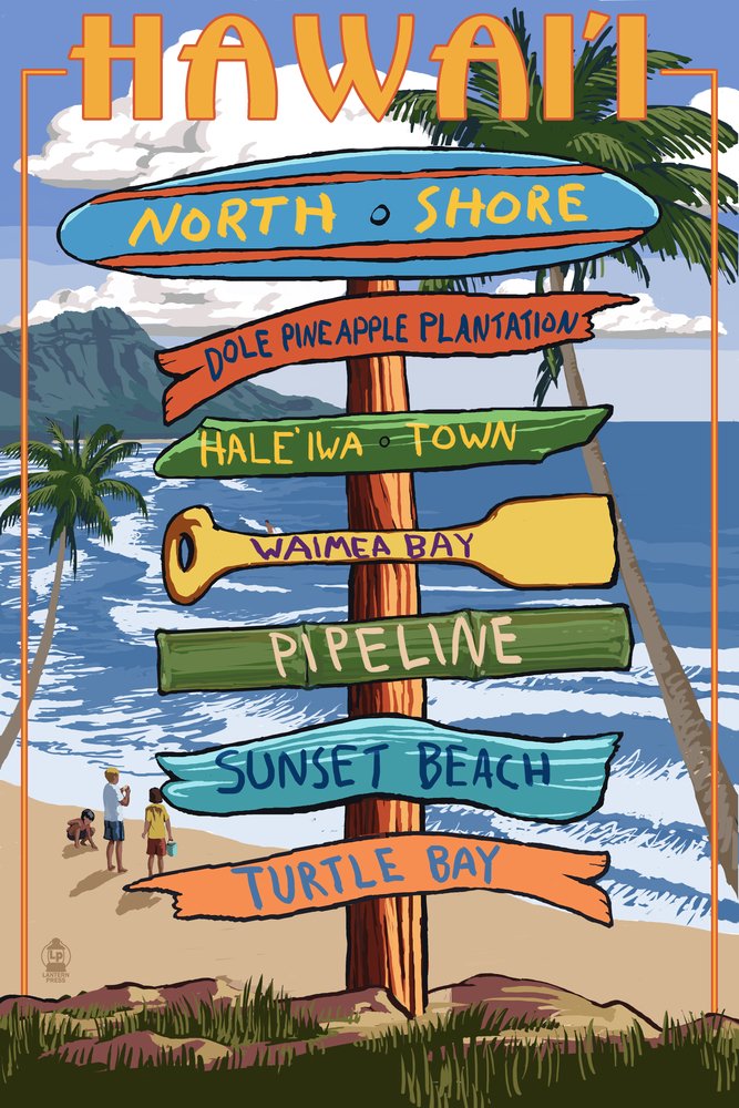 North Shore Oahu Hawaii Destinations Sign - 24x36 Signed Art Print, Wall Decor Poster for Beach House, Living Room & Office