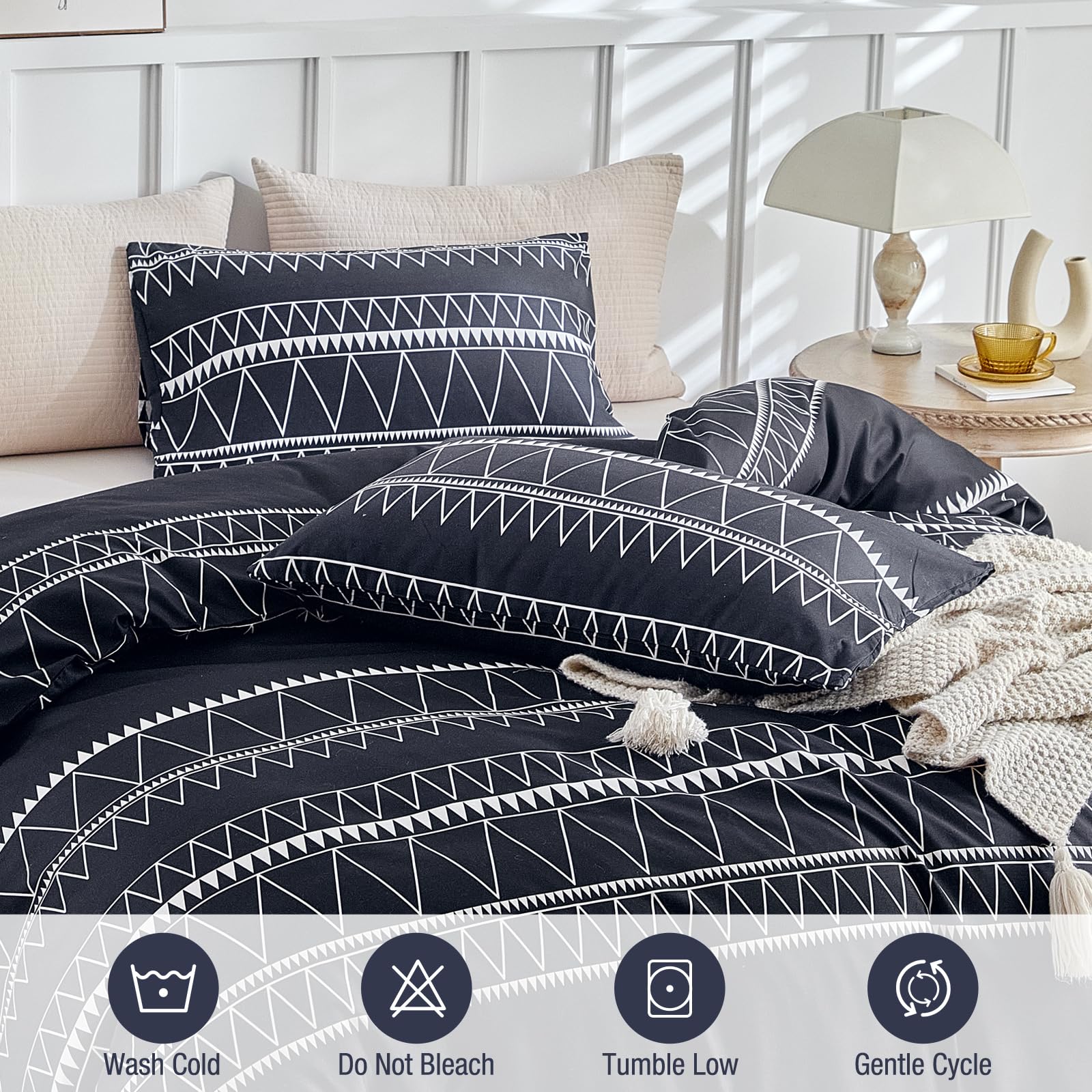 Boho Duvet Cover Queen Size - Black 3-Piece Microfiber Comforter Set with Zipper Closure | Ultra Soft & Breathable Bedding (90