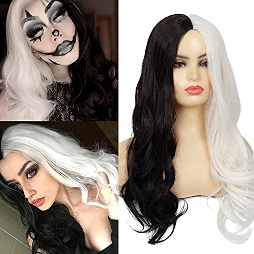 Wiwige Long Curly Synthetic Wig - Half Black Half White Heat Resistant Wavy Hair for Women | Perfect for Cosplay, Halloween Costumes & Fashion Styling
