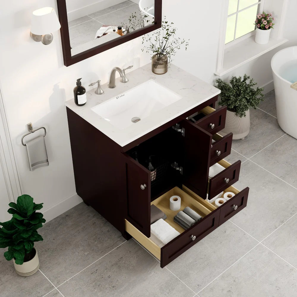 Eviva Acclaim 30 Inch Bathroom Vanity with Carrara Quartz Countertop - Modern White Bathroom Sink Cabinet for Small Spaces, Perfect for Powder Rooms and Guest Bathrooms