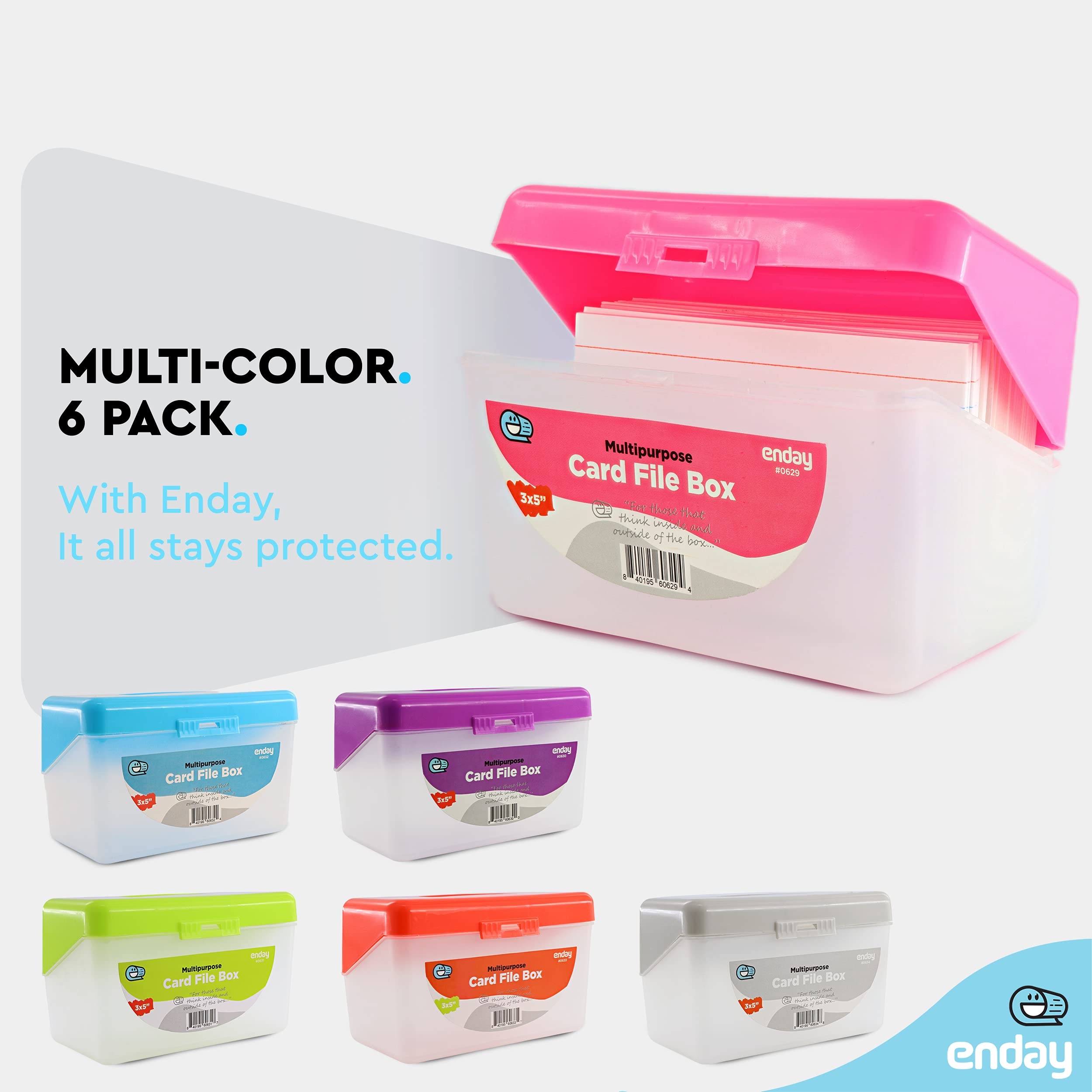Enday 3x5 Index Card Holder - Pink, Purple, Red, Green, Blue, Grey | Flip Top Flash Card Organizer Case for Notes, Recipes & Study Cards | Holds 250 Index Cards (36 Pack) - Perfect for School, Office & Home Organization