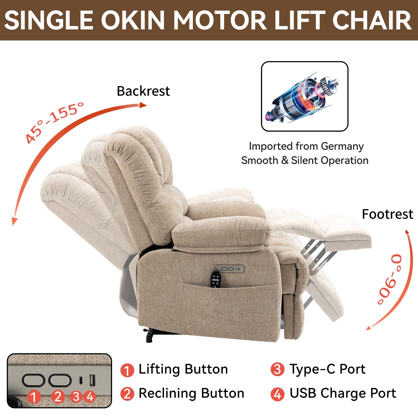 Extra Wide 23-Inch High Back Large Beige Chenille Power Lift Recliner Chair with 8-Point Vibration Massage & Lumbar Heating - Perfect for Living Room, Home Theater & Elderly Comfort