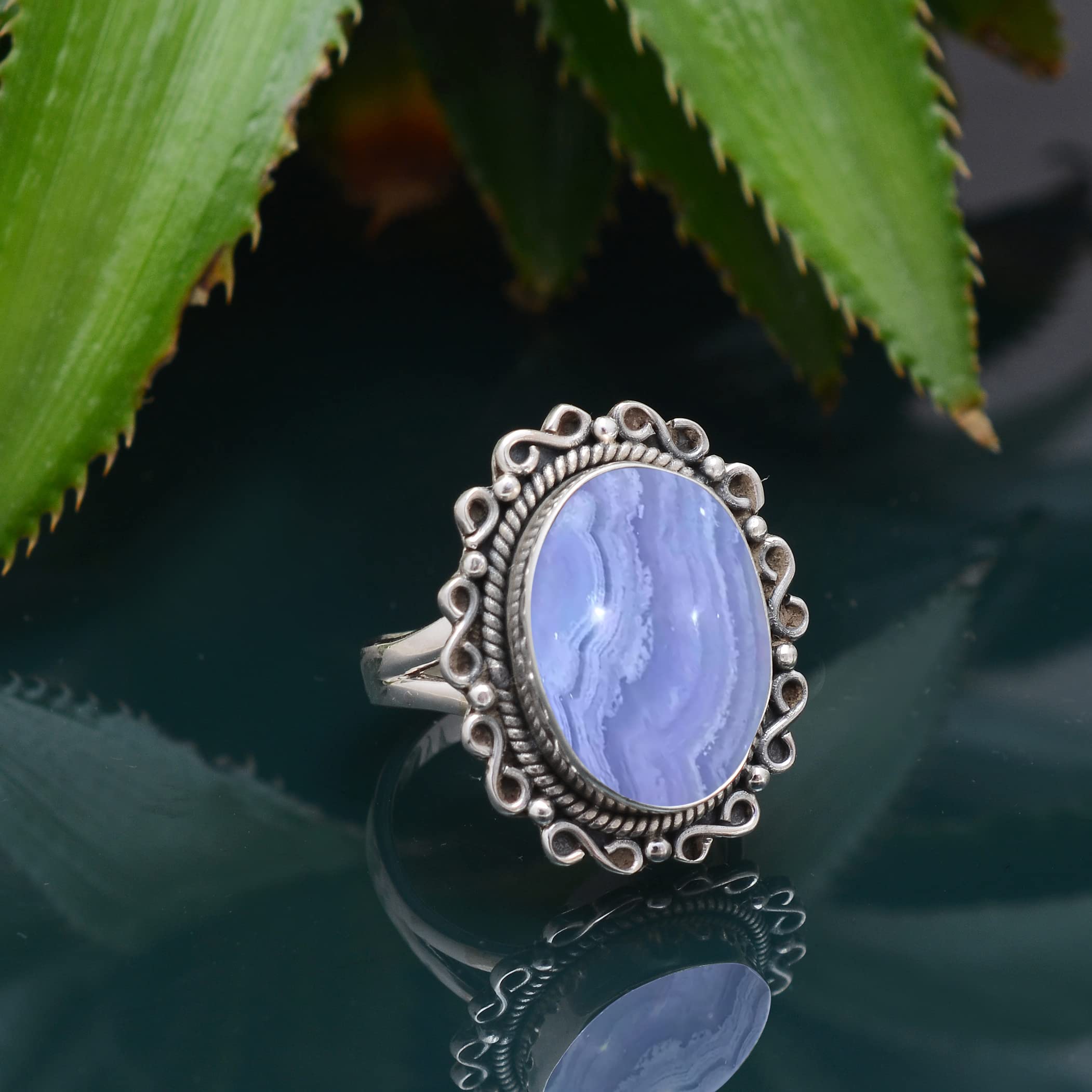 Veracity Jewelry Blue Lace Agate Ring for Women - 925 Sterling Silver Healing Meditation Ring with Natural Blue White Gemstone - Elegant Designer Jewelry Gift for Mom, Wife, Birthday & Special Occasions