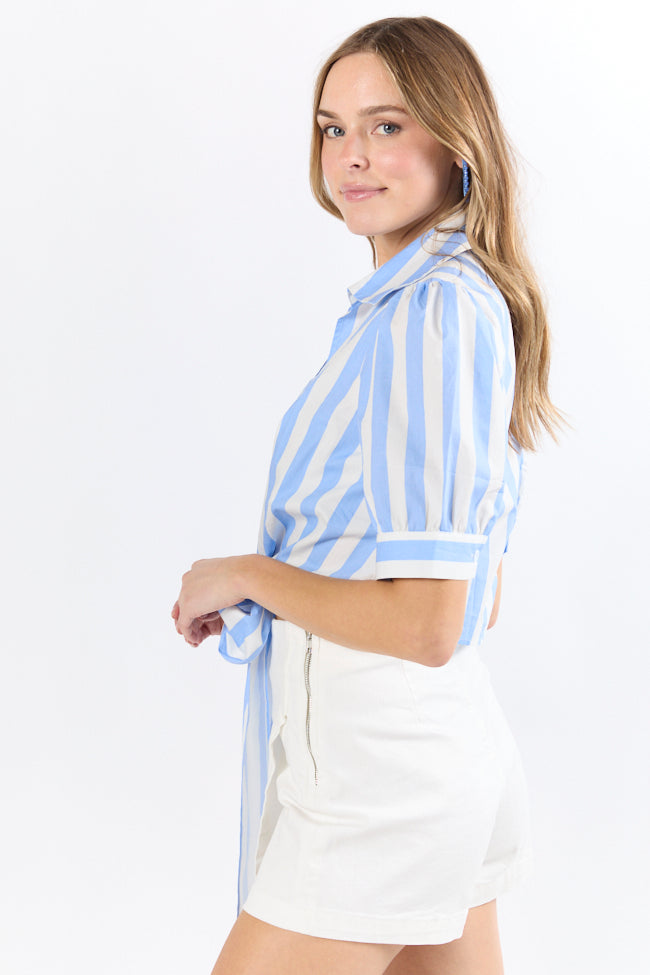 Stylish Blue Striped Tie Front Collared Blouse for Women | Office Wear & Business Casual Outfits | Perfect for Work, Meetings & Professional Events