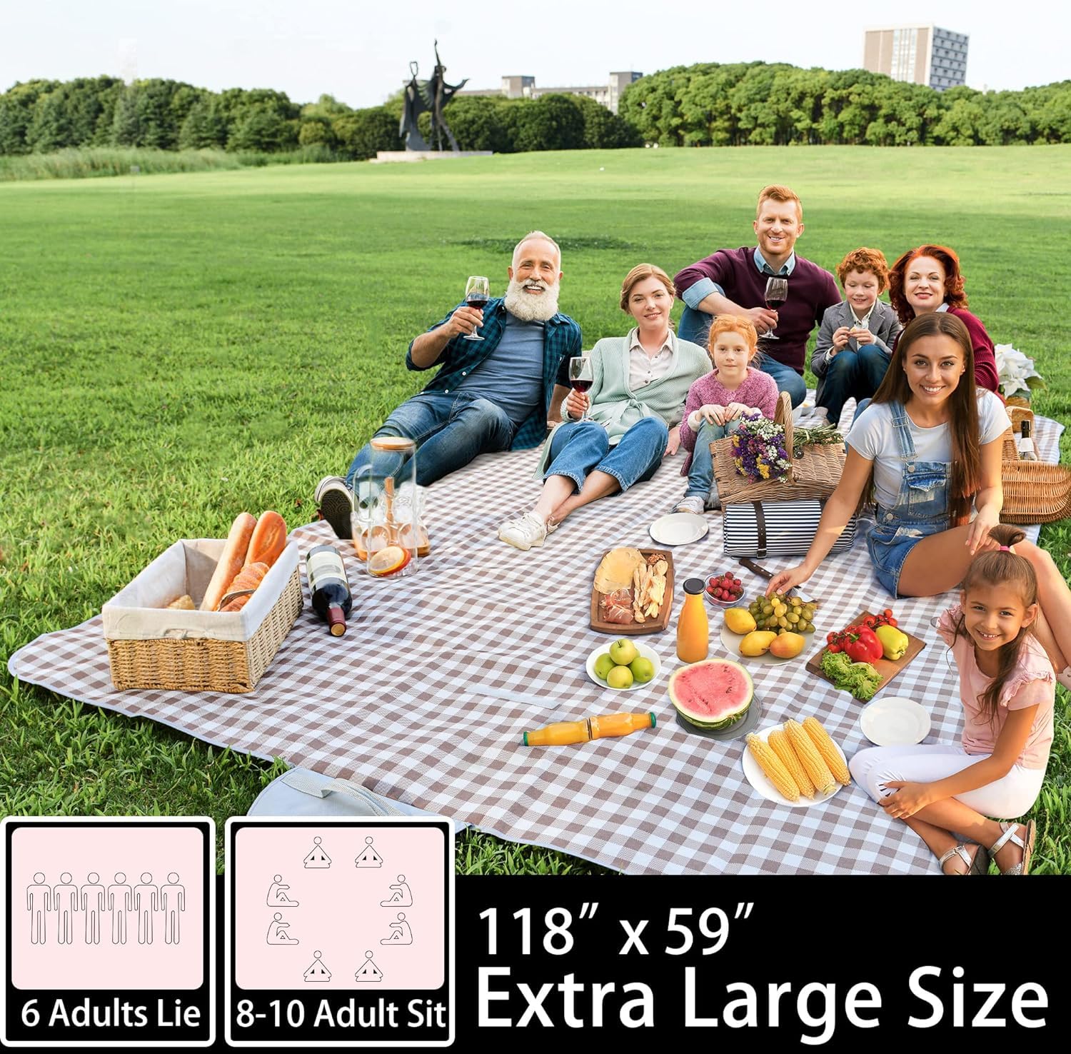 118''x59'' Extra Large Waterproof Sandproof Picnic Blanket - Foldable Outdoor Beach Mat for Travel, Park, Grass, Camping & Family Picnics | Perfect for Beach Days, Park Outings & Backyard Gatherings
