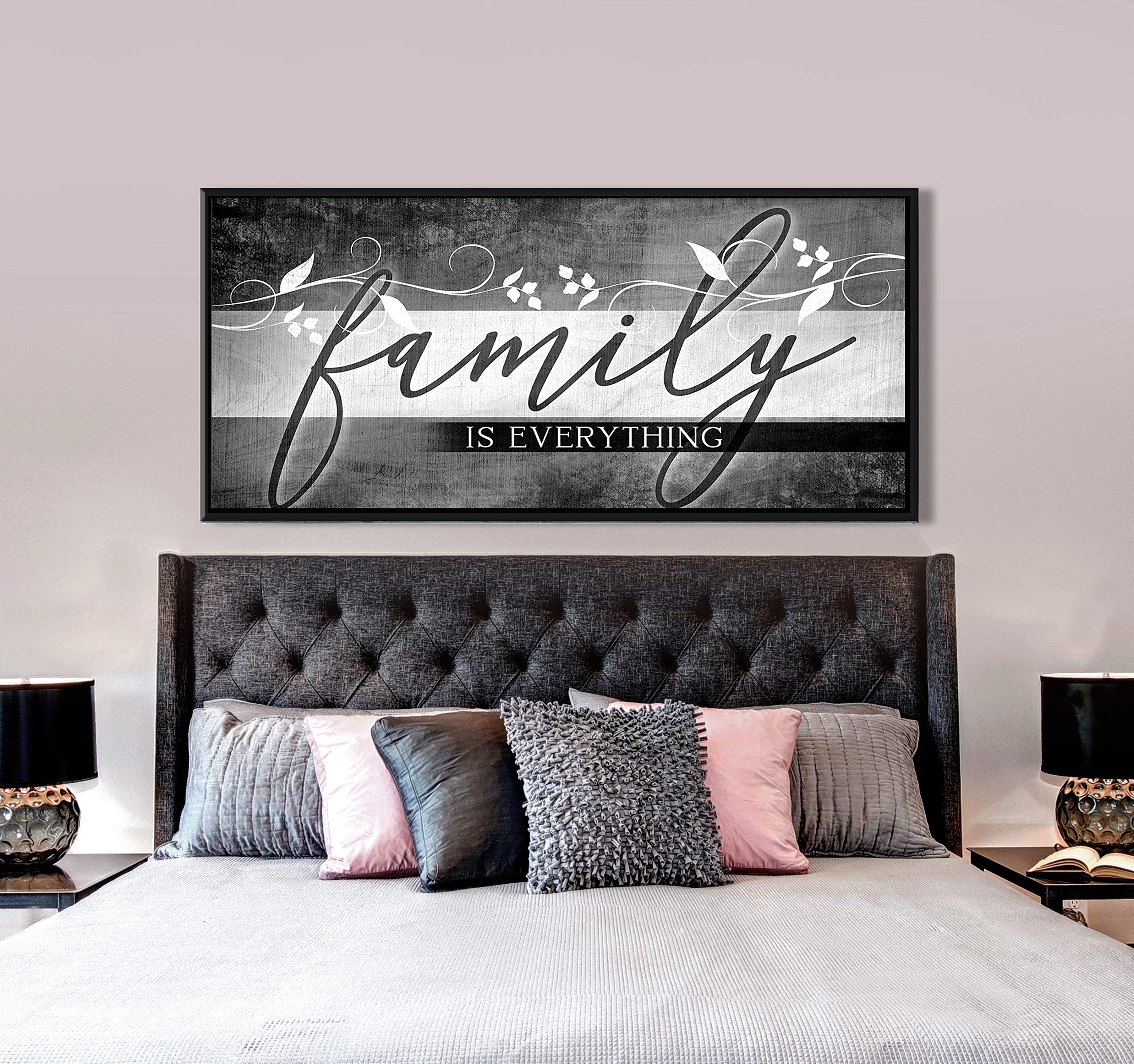Family Is Everything Sign - Framed Wall Art with Floating Frame, Large Canvas Home Decor for Farmhouse, Living Room, Housewarming Gift (Grey & Black, 42x19 Inches) | Perfect for Family Rooms, Entryways & Cozy Home Decor