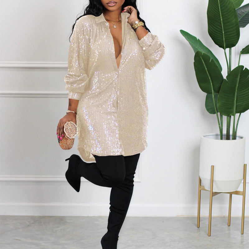 Elegant Solid Color Sequined Loose Shirt Dress for Women - Perfect for Parties, Weddings & Evening Events