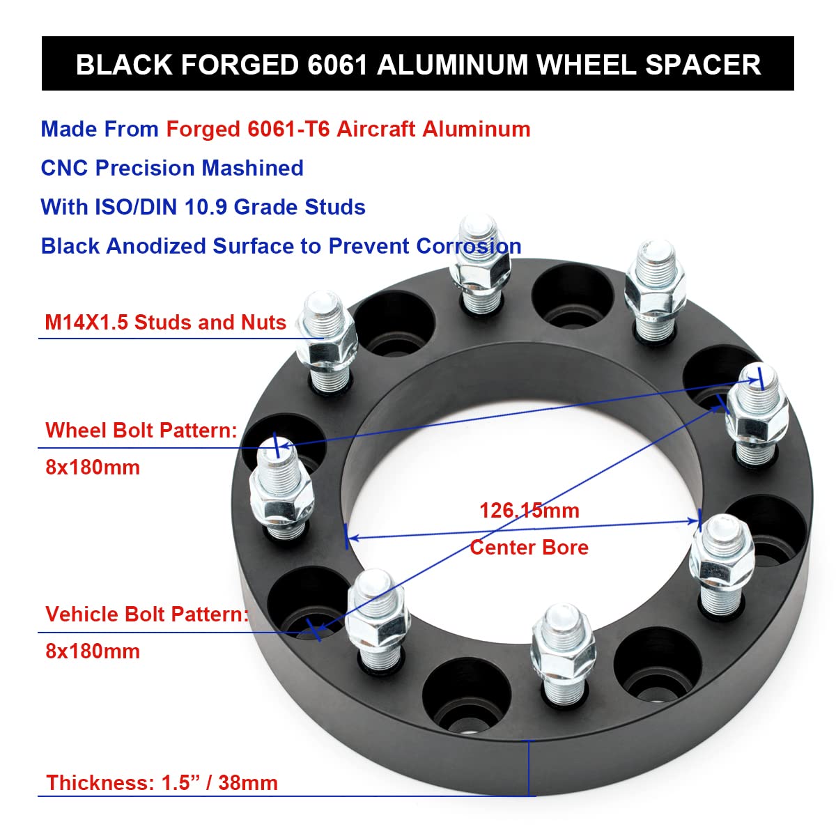 VLAOSCHI 1.5 Inch Black Forged 8x180 Wheel Spacers with 14x1.5 Studs - Compatible with 2011-2025 Chevy Silverado 2500/3500 HD & GMC Sierra 2500/3500 HD (8 Lug) - Pack of 4 - Enhance Stance & Clearance for Off-Roading, Towing & Custom Wheels