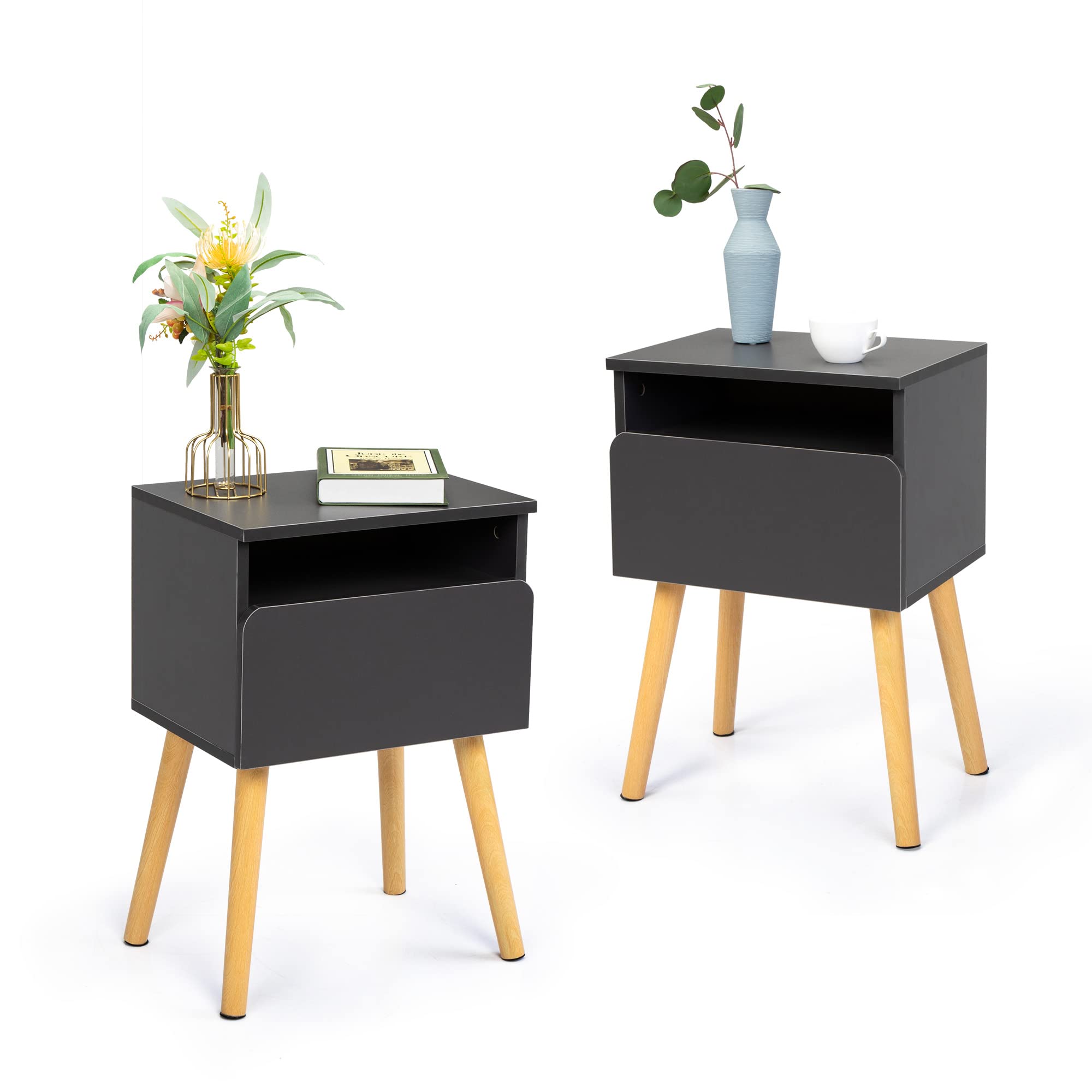 VERYKE Set of 2 Modern Wooden Nightstands - Bedside End Tables with Drawer & Open Shelf, Solid Wood Legs Accent Tables for Bedroom, Living Room & Office (Grey) - Perfect for Storing Books, Lamps & Bedroom Essentials