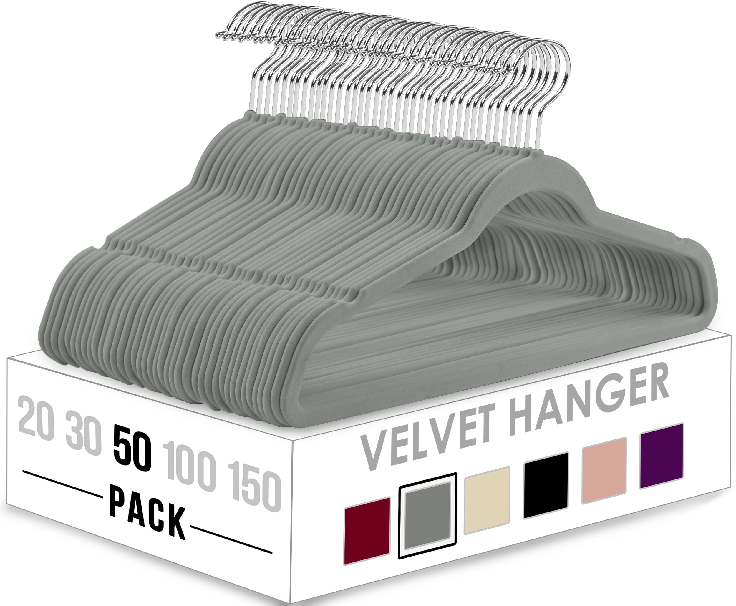 50 Pack Velvet Non-Slip Clothes Hangers with 360° Rotating Hook - Space Saving Heavy Duty Coat & Pants Hangers for Closet Organization - Perfect for Wardrobe, Dry Cleaning & Travel Use (Grey)