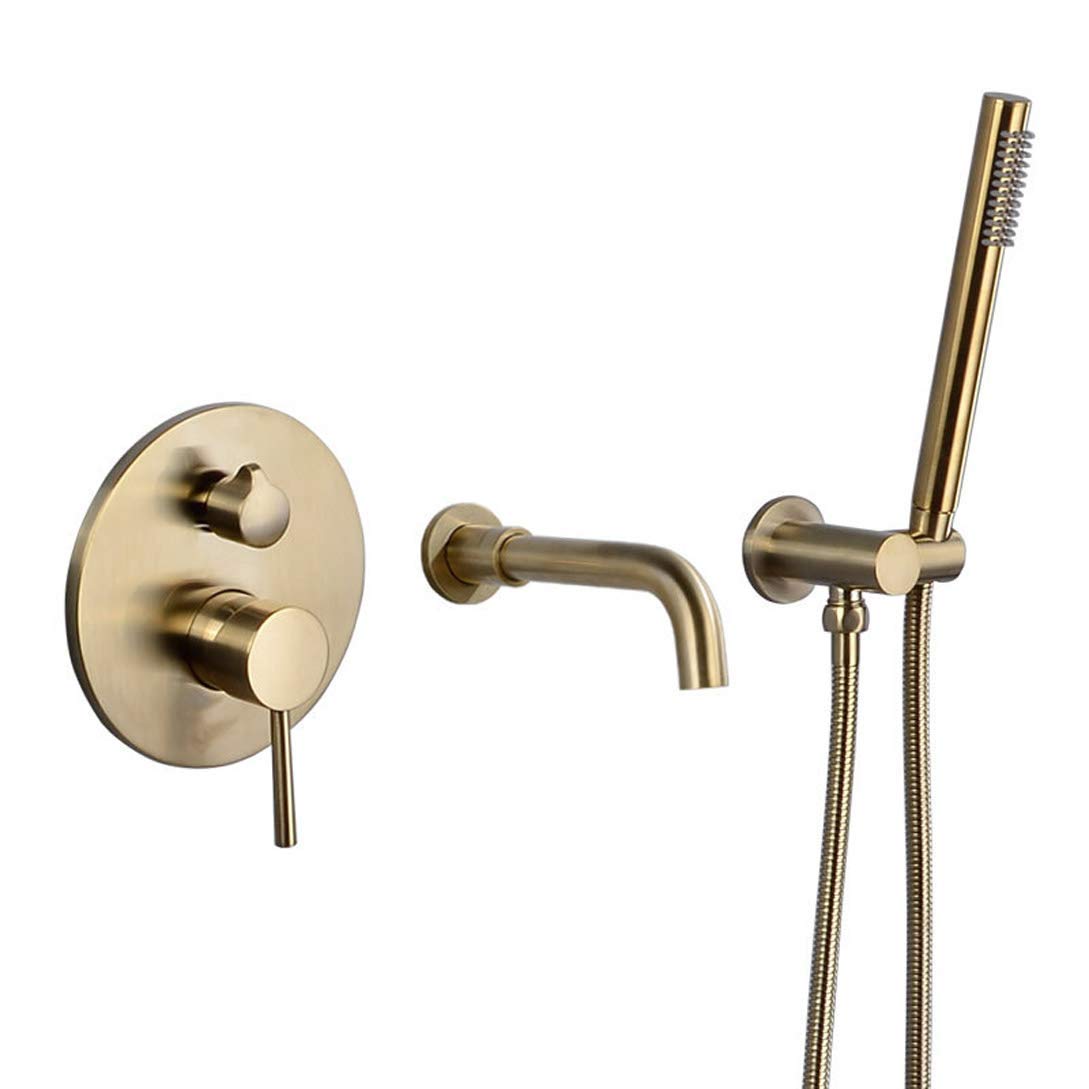 Luxury Brushed Gold Wall Mounted Bathtub Faucet Set - Solid Brass Shower Mixer Tap with Hand Shower for Bathroom & Spa - Perfect for Modern Home Renovation & Relaxing Bath Experience
