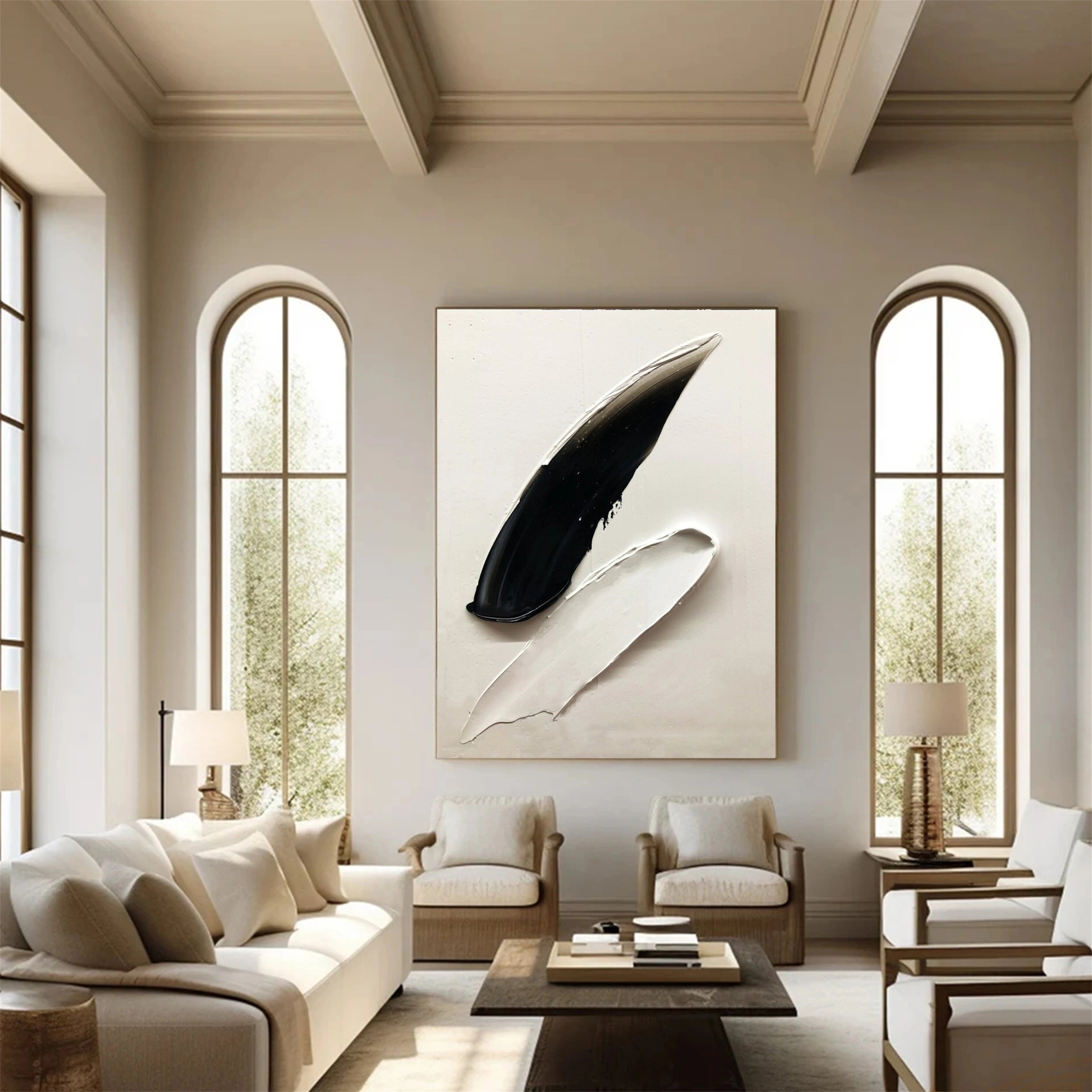 White & Black Minimalist Textured Abstract Painting Canvas Wall Art - Modern Home Decor for Living Room, Bedroom & Office #MM137