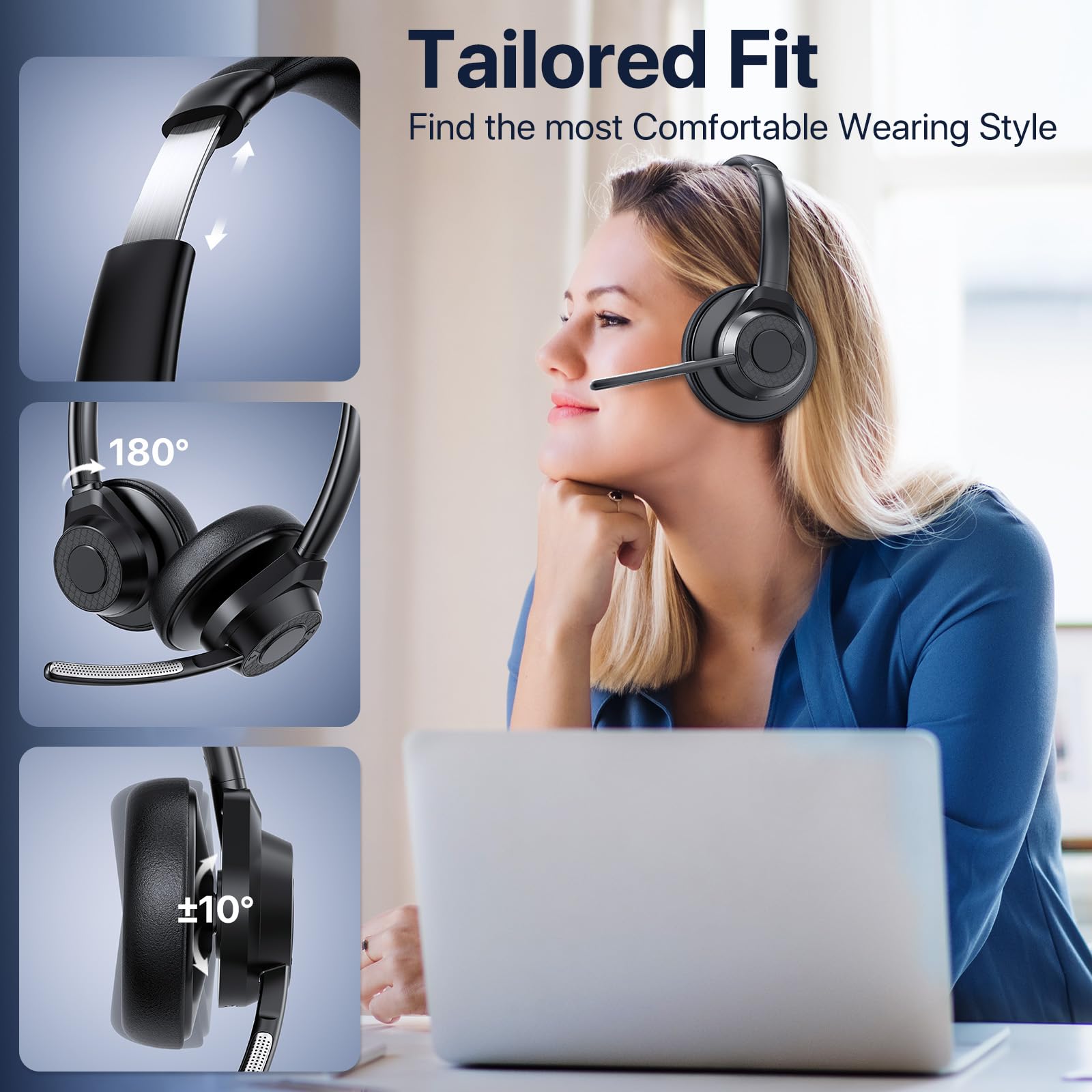 Wireless Bluetooth 5.4 Headphones with Microphone - Noise Cancelling Over-Ear Headset with Multipoint Connectivity for Office, Call Center, Zoom Meetings & Remote Work (Black) - Perfect for Business Professionals & Home Office Use