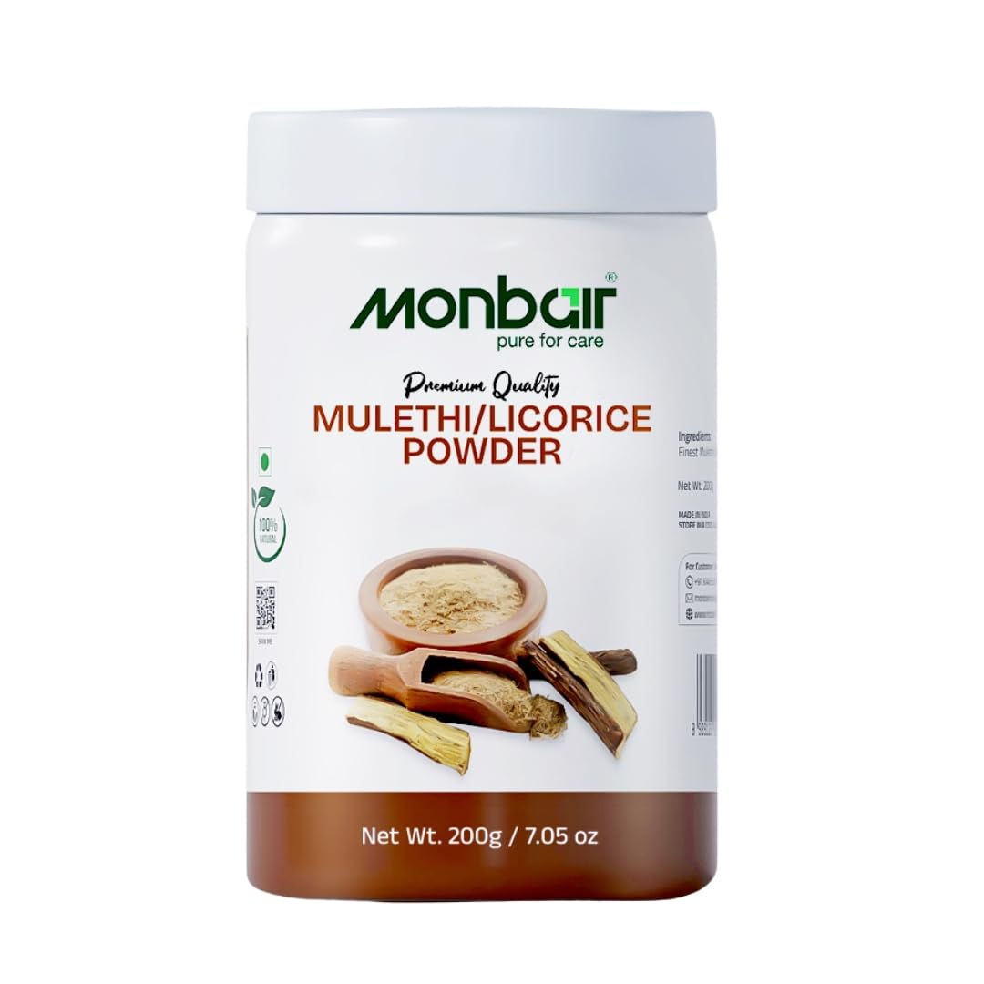 Monbair Mulethi Powder (Licorice Root Powder) 200g - Organic Face & Hair Care for Glowing Skin, Natural Skin Brightener & Hair Growth Treatment | Perfect for DIY Beauty Masks & Ayurvedic Remedies