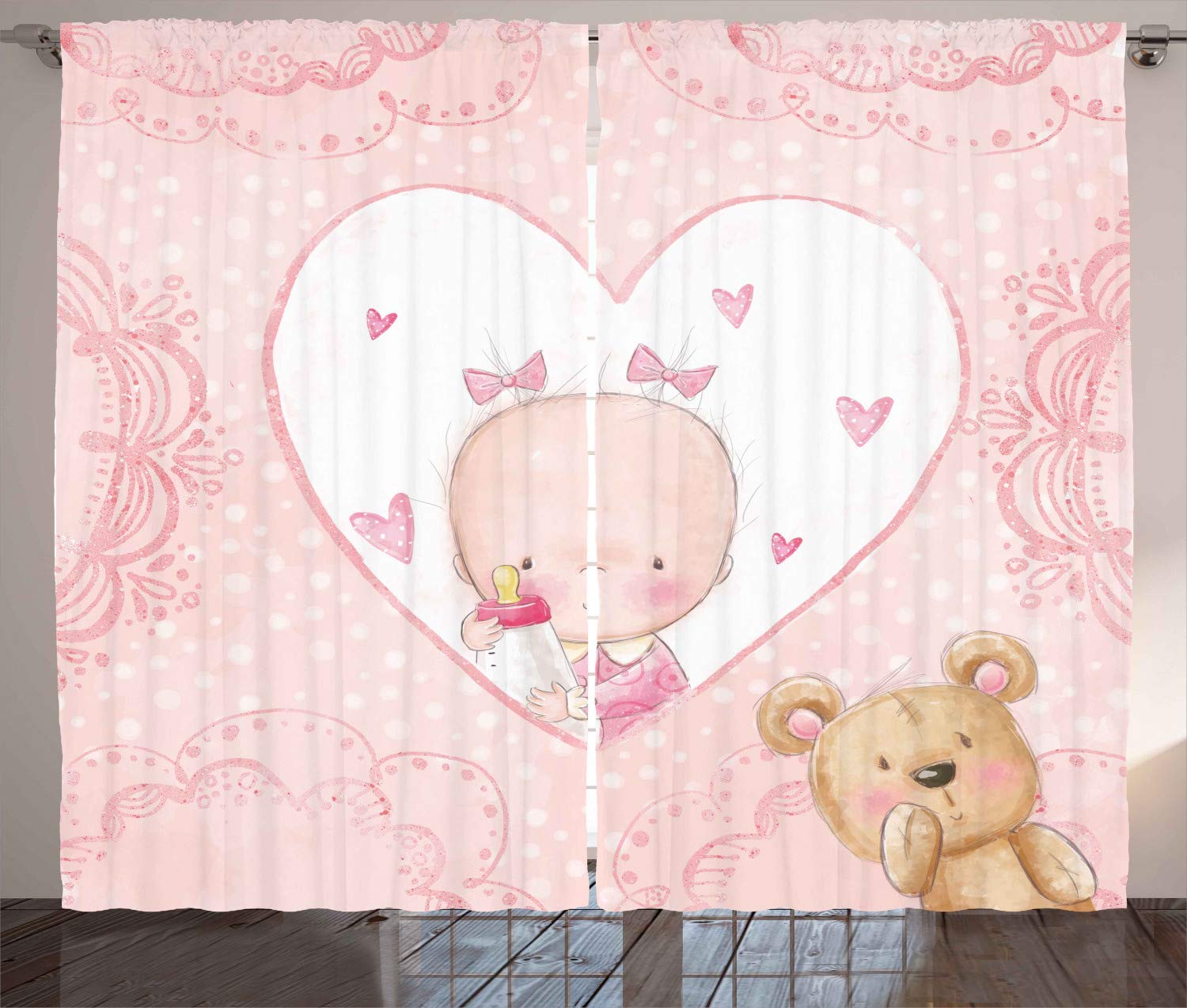 Ambesonne Cartoon Teddy Bear & Floral Print Blackout Curtains - 2 Panels Set, 108