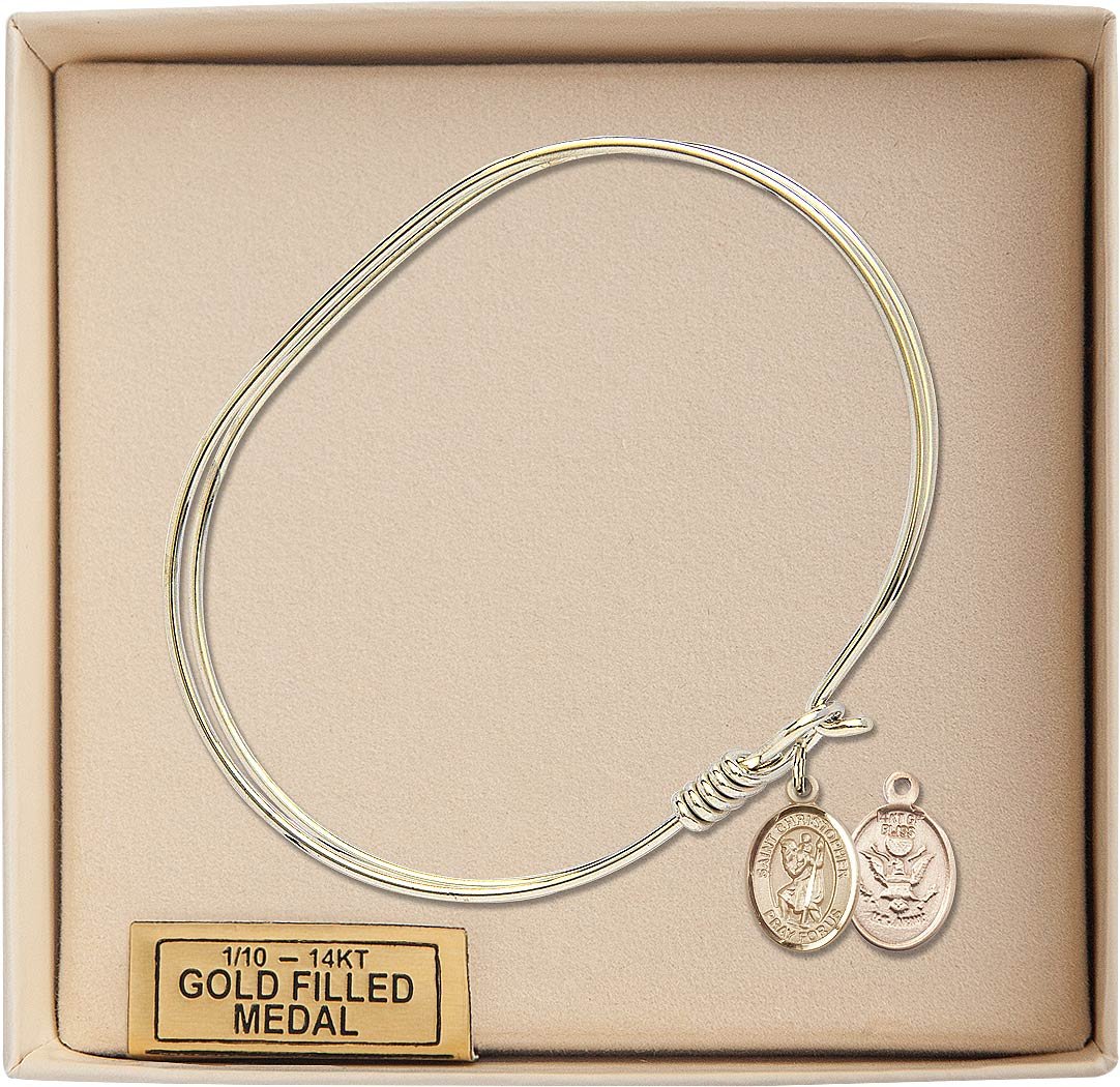 Gold-Filled Oval Eye Hook Bangle Bracelet with St. Christopher & Army Charm - Perfect for Military Appreciation, Travel Protection & Everyday Wear