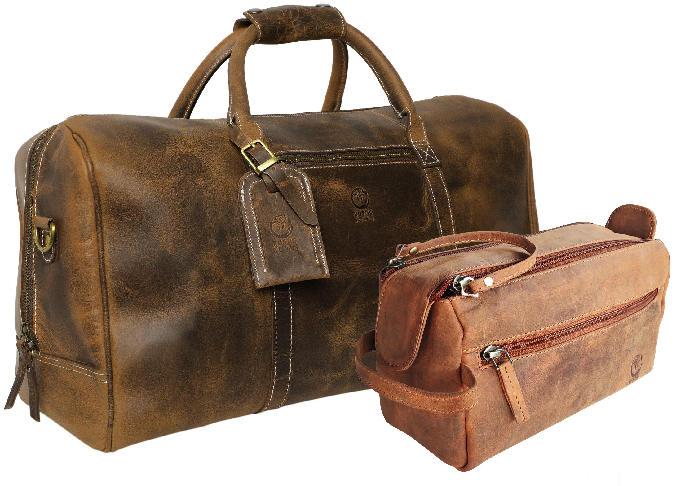 RUSTIC TOWN Genuine Leather Duffel Bag & Toiletry Bag Set - Premium Travel Luggage for Men & Women | Perfect Gift for Business Trips, Weekend Getaways & Gym Essentials