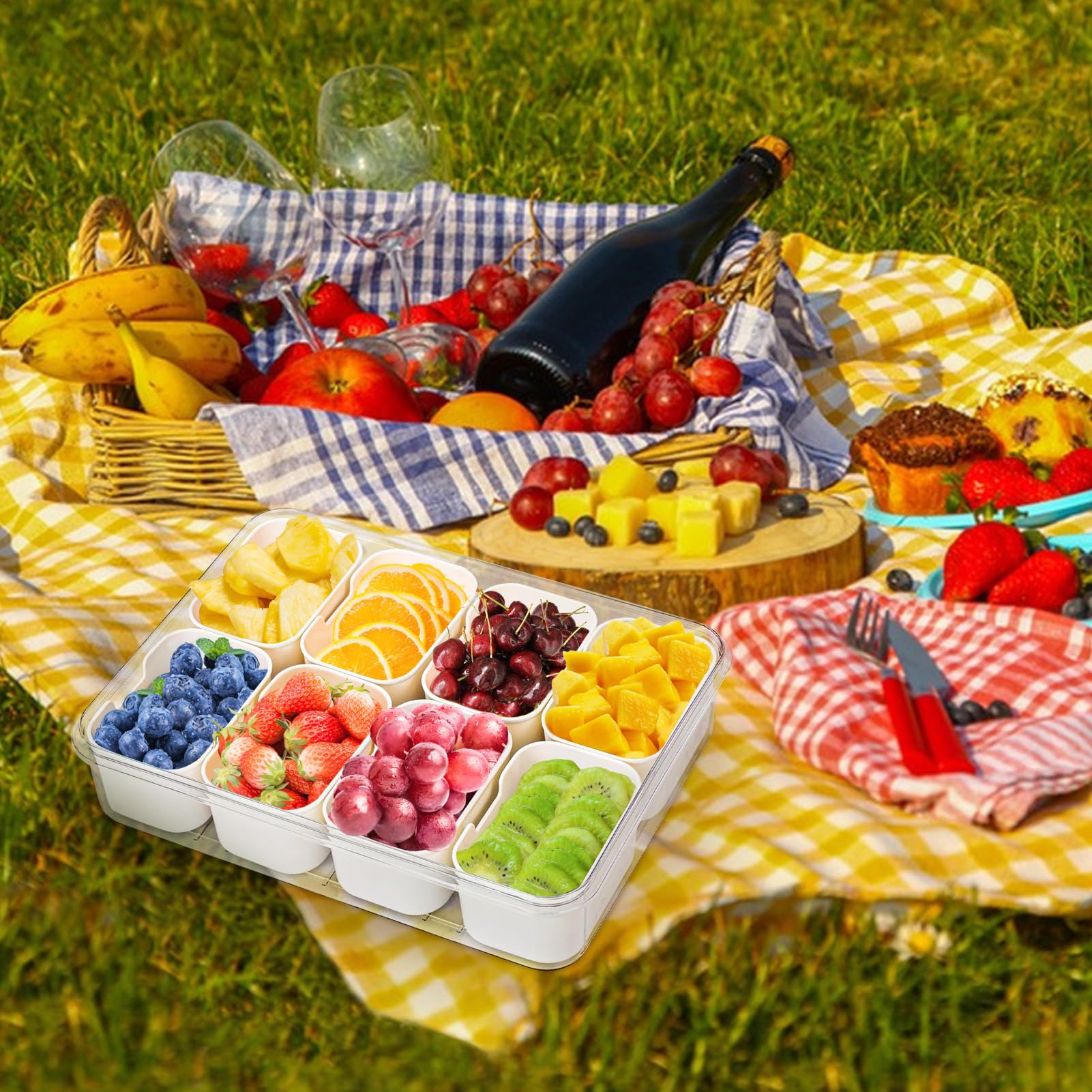 Portable Divided Snackle Box with Lid & Handle - 6-Compartment Charcuterie Tray for Fruits, Nuts, Cheese & Candy | Perfect for Picnics, Parties, Travel & Office Snacks | BPA-Free Food Storage Container