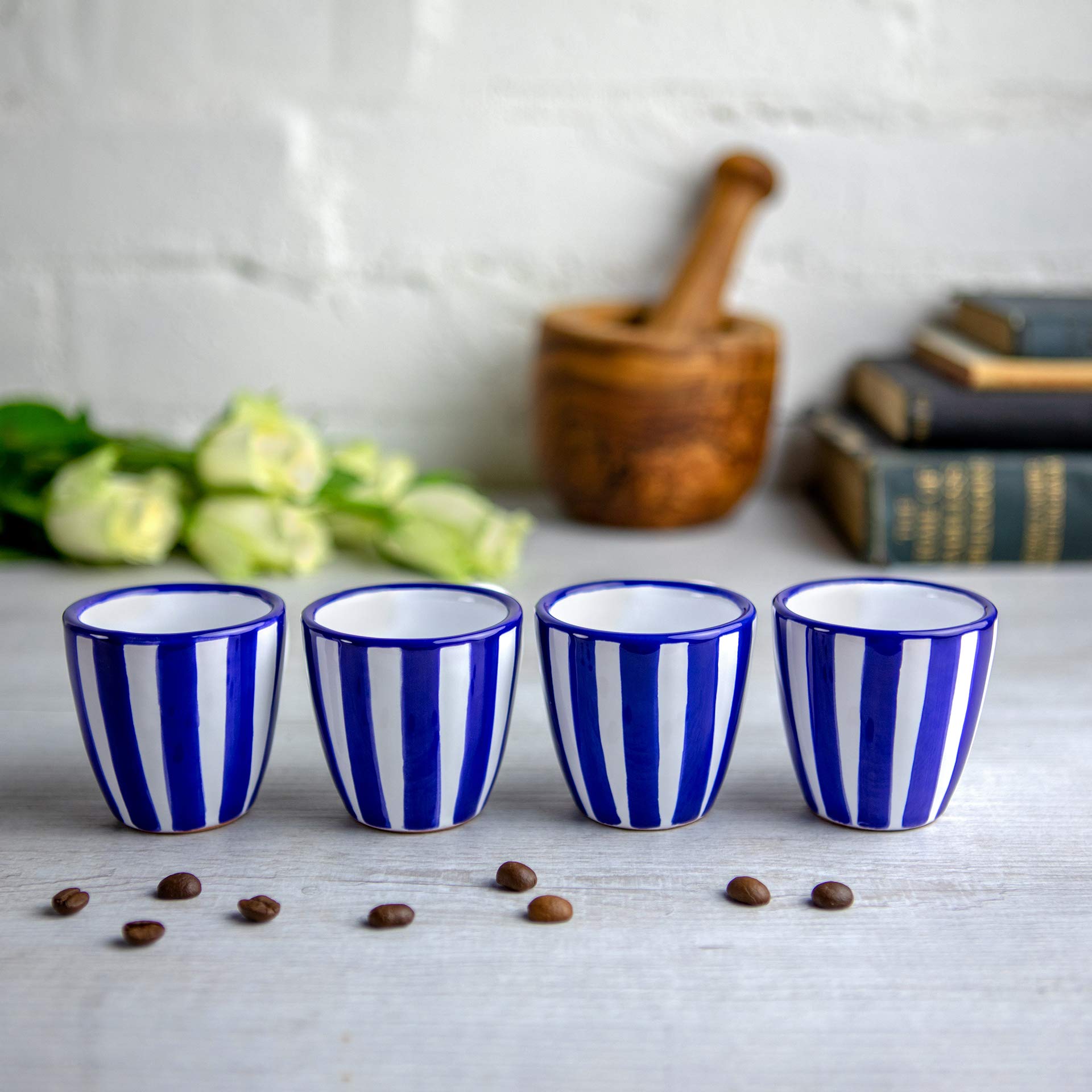 Handcrafted Navy Blue Stripe Ceramic Espresso Cups Set of 4 - Small Demitasse Mugs for Espresso Machines & Coffee Makers | Perfect for Home, Café & Coastal-Themed Kitchens