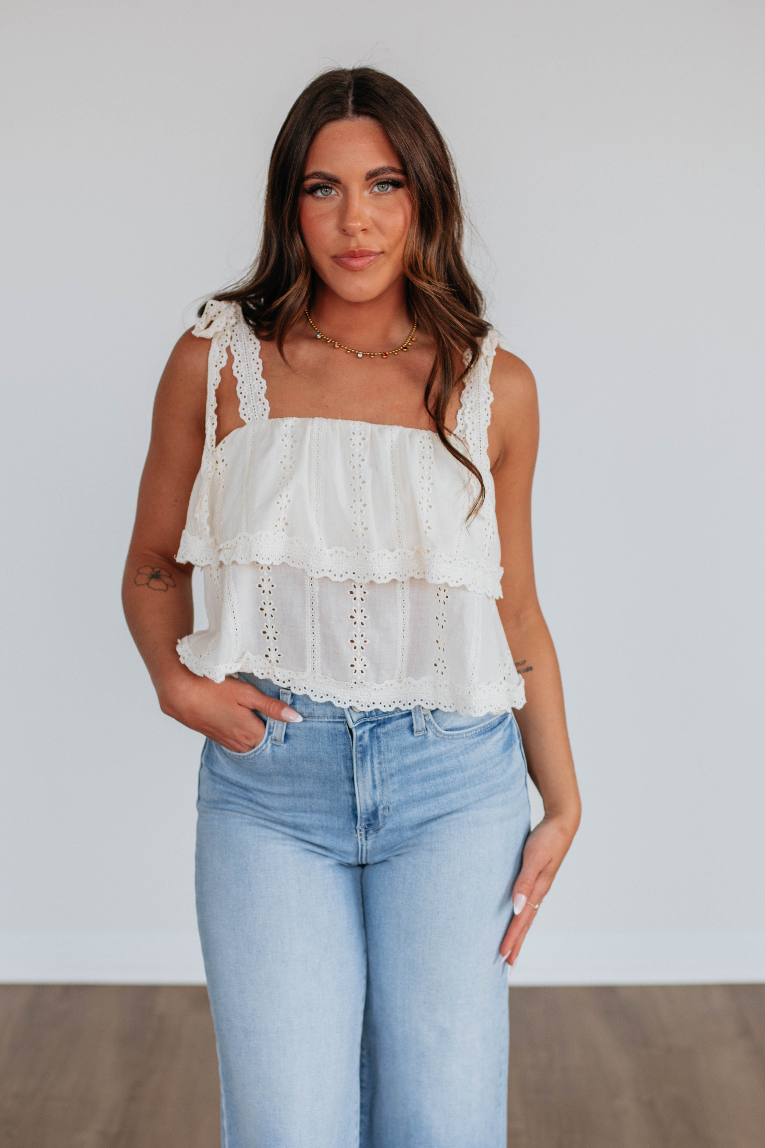 Mabel Eyelet Tank Top in Cream - Perfect for Summer Outfits, Beach Wear & Casual Style
