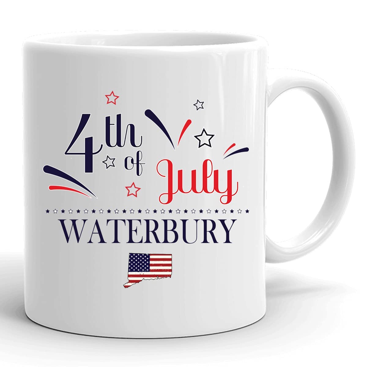 Custom Personalized 11oz White Coffee Mug with USA Flag - Happy 4th of July Independence Day Gift for Waterbury Connecticut - Perfect for Home, Office & Patriotic Celebrations