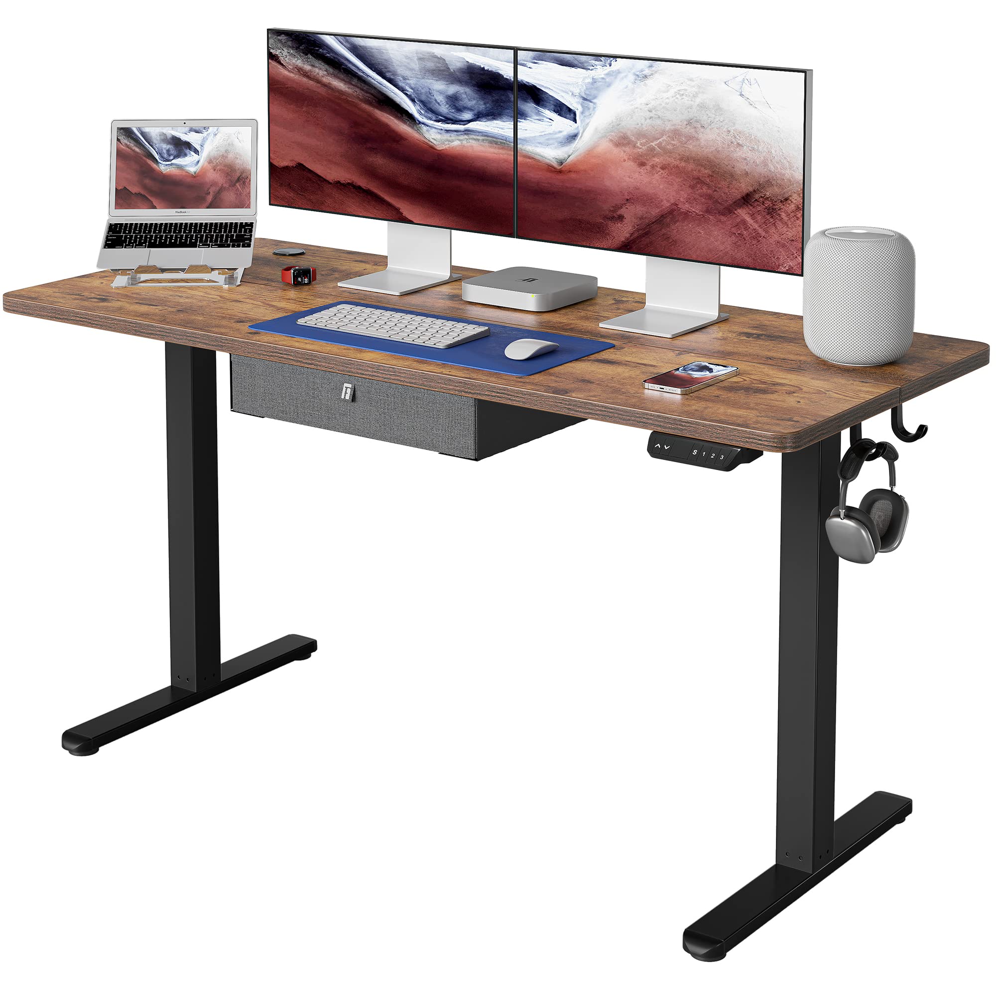 FEZIBO 55 x 24 Inches Electric Height Adjustable Standing Desk with Drawer - Ergonomic Sit Stand Workstation, Black Steel Frame & Rustic Brown Tabletop - Perfect for Home Office, Gaming, and Remote Work Setup