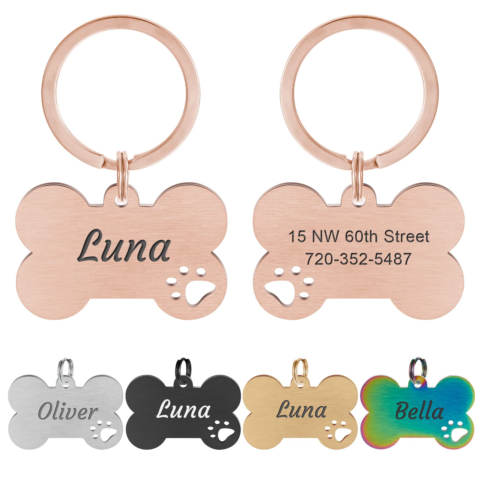 Personalized Pet ID Tags - Engraved Stainless Steel Dog Tags with 4 Lines Custom Text - Hollow Paw Bone Shape Collar Pendant in Rose Gold - Perfect for Dogs, Cats & Pets Safety & Identification