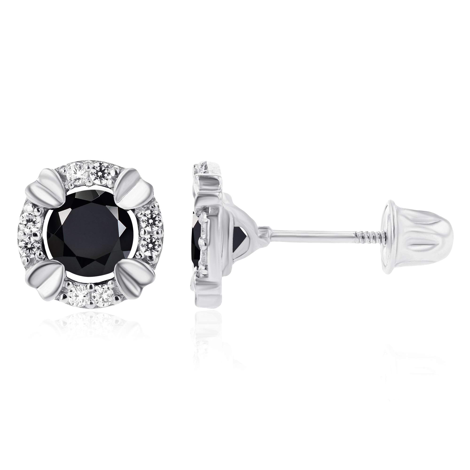 14K Solid Gold 8mm Halo Birthstone Screwback Stud Earrings for Women | Natural Gemstone Earrings | 1mm White Sapphire Halo Earrings | Perfect for Birthdays, Anniversaries & Gifts