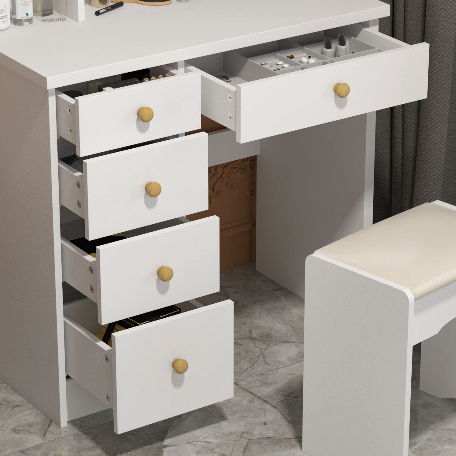 FAMAPY White Vanity Desk with LED Lights, Large Mirror & Storage Drawers - Makeup Dressing Table with Stool, Shelves for Bedroom, 31.5