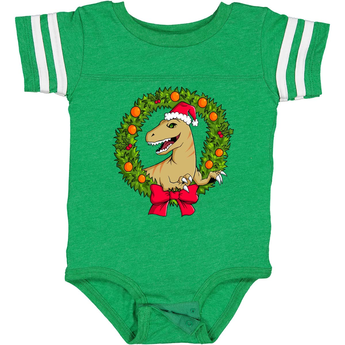 Inktastic Christmas Raptor in Santa Hat with Wreath Baby Bodysuit - Cute Dinosaur Holiday Outfit for Infants & Toddlers - Perfect for Christmas Photos, Family Gatherings & Festive Celebrations
