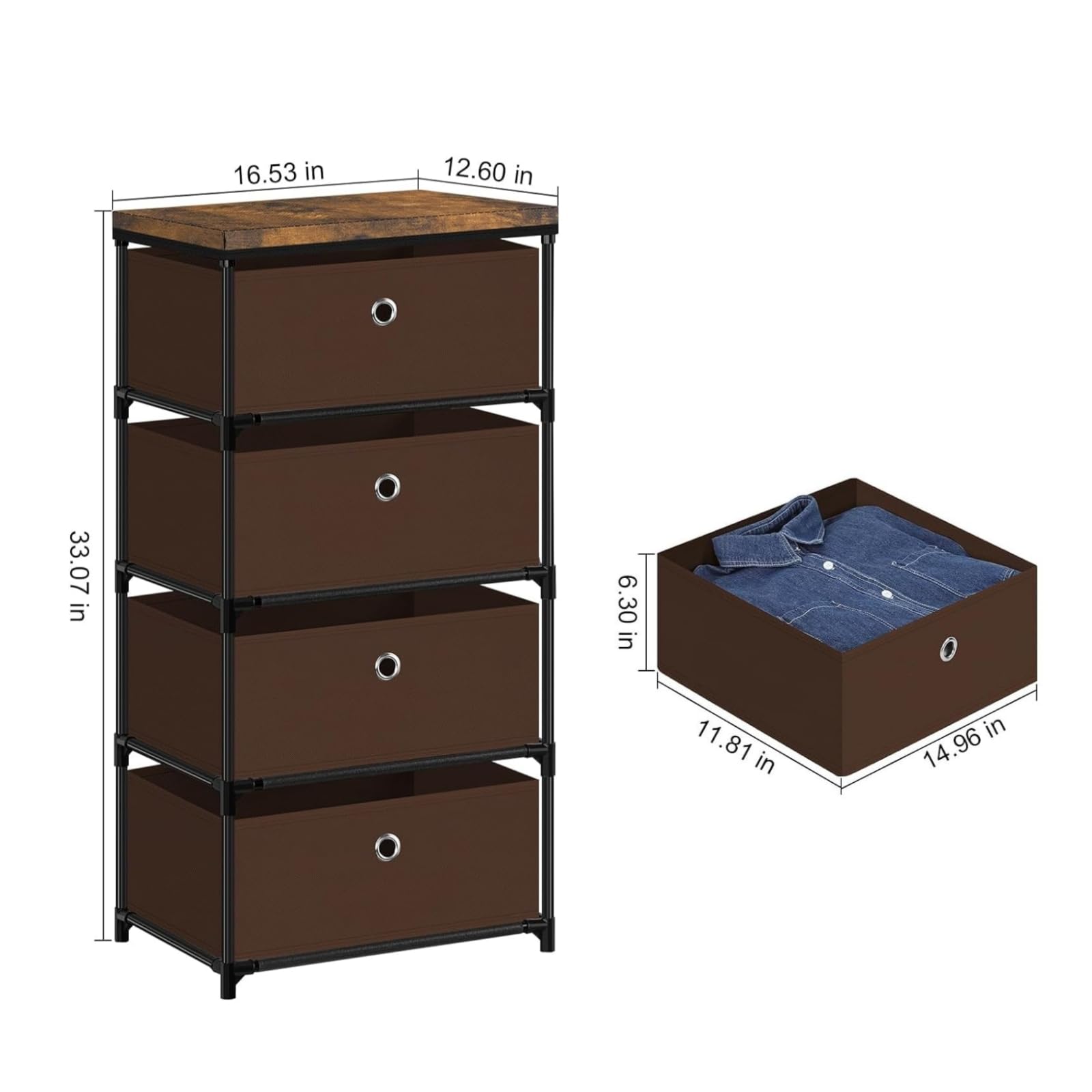 MOOACE 4-Drawer Fabric Storage Dresser - Clothes Organizer & Storage Tower for Bedroom - Small Fabric Chest of Drawers - Brown - Perfect for Closet Organization, Nursery Storage & Small Space Living
