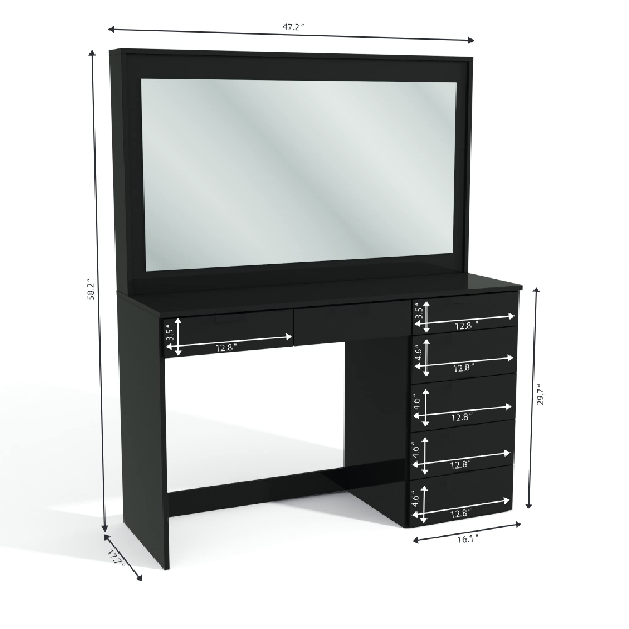 Boahaus Joan 7-Drawer Makeup Vanity Desk with Hollywood Mirror, Black Painted Dressing Table for Bedroom - Perfect for Makeup Organization & Beauty Routine