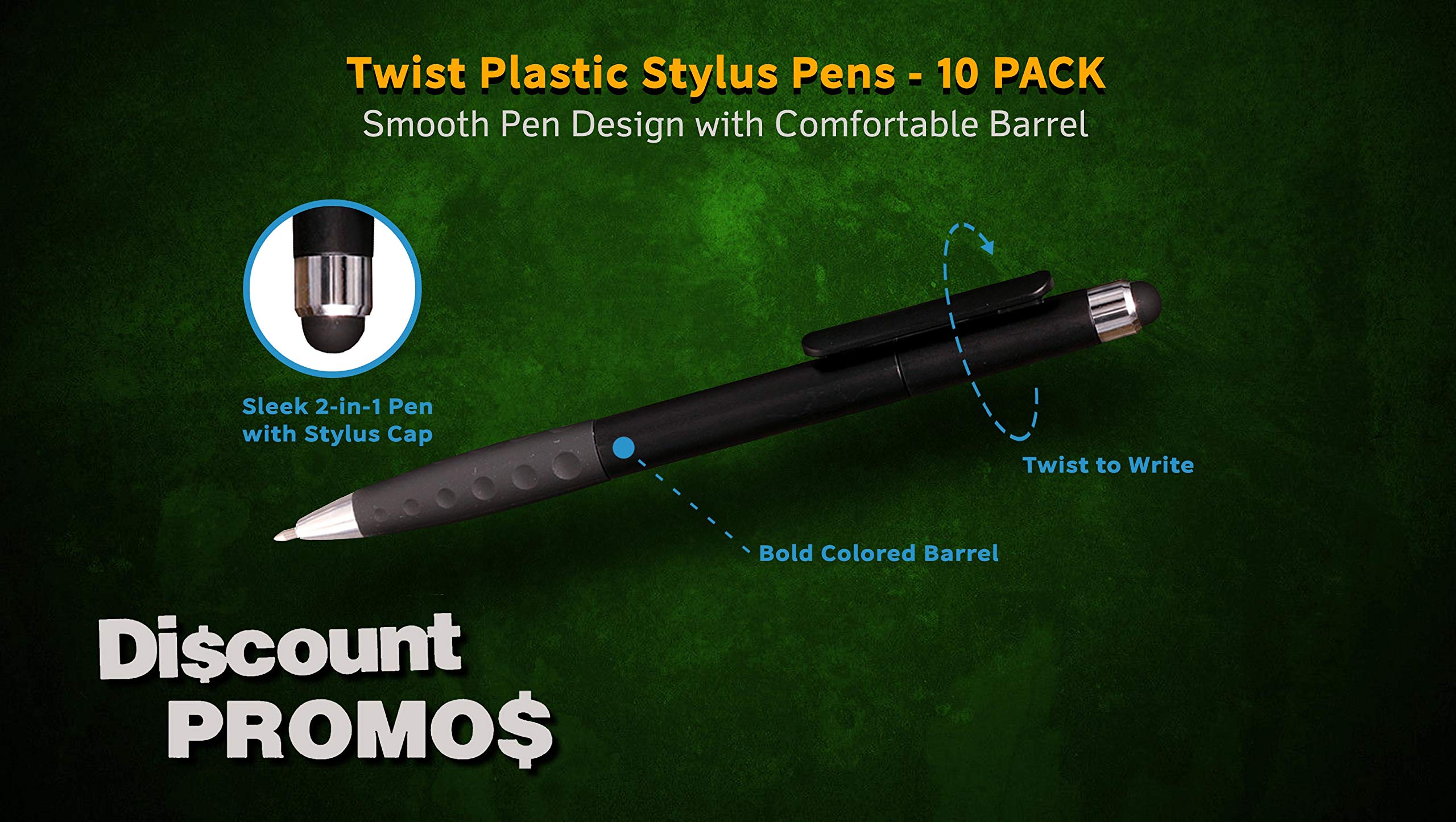 10-Pack Twist Plastic Stylus Pens with Ballpoint Tip & Rubber Grip - Black - Perfect for Touchscreens, Tablets, Smartphones & Digital Signatures