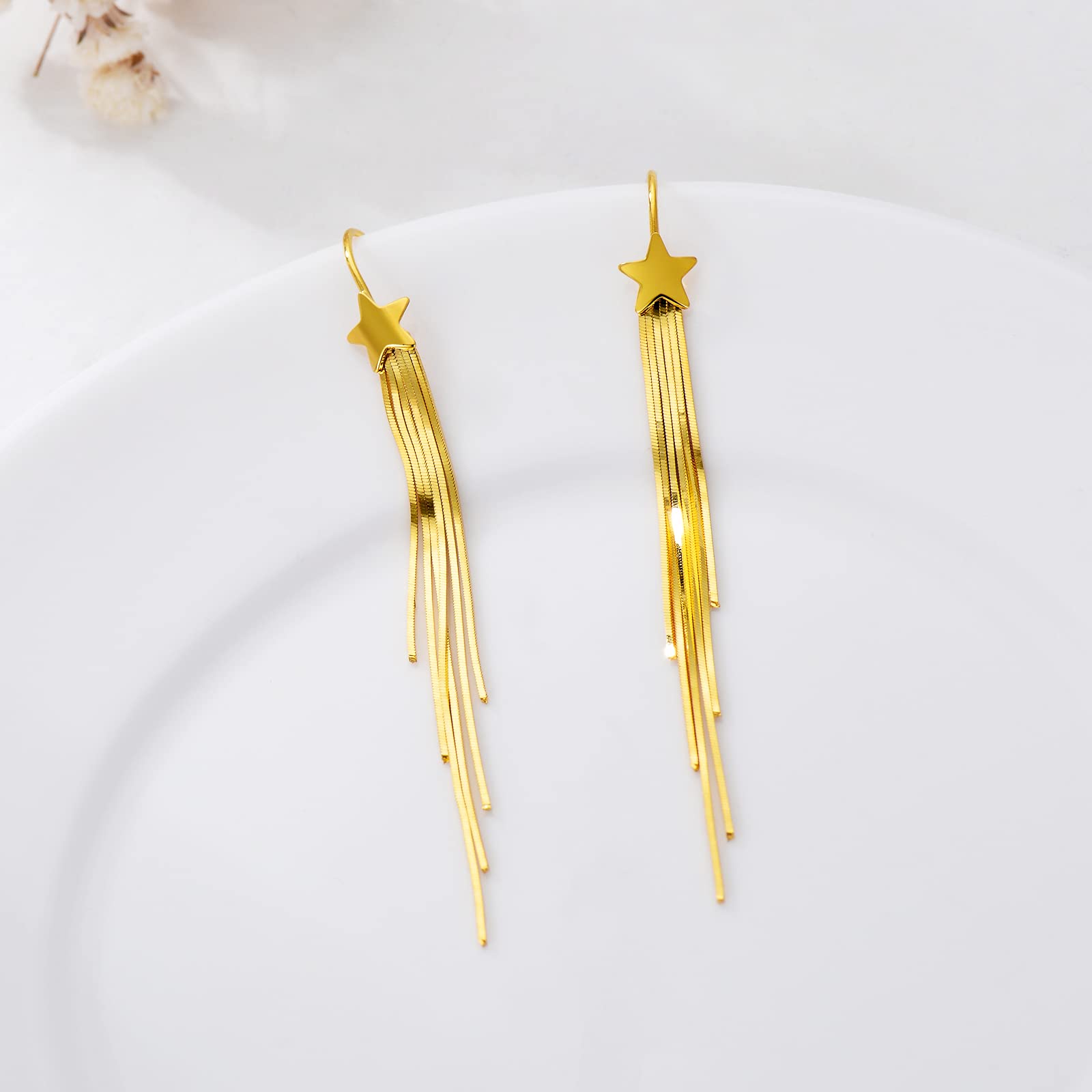 18K Gold Star & Four Leaf Clover Dangle Earrings for Women - Elegant Hook Drop Earrings - Perfect Gift for Her - Ideal for Parties, Weddings & Everyday Wear