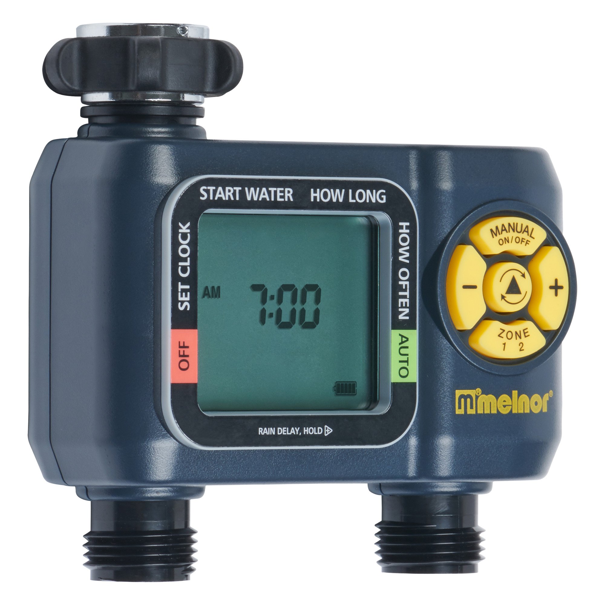Melnor 65139AMZ AquaTimer Digital Hose Timer - 2-Zone Programmable Watering System with Quick Connect | Automatic Garden Irrigation for Lawns, Flower Beds & Potted Plants | Black & Yellow Design