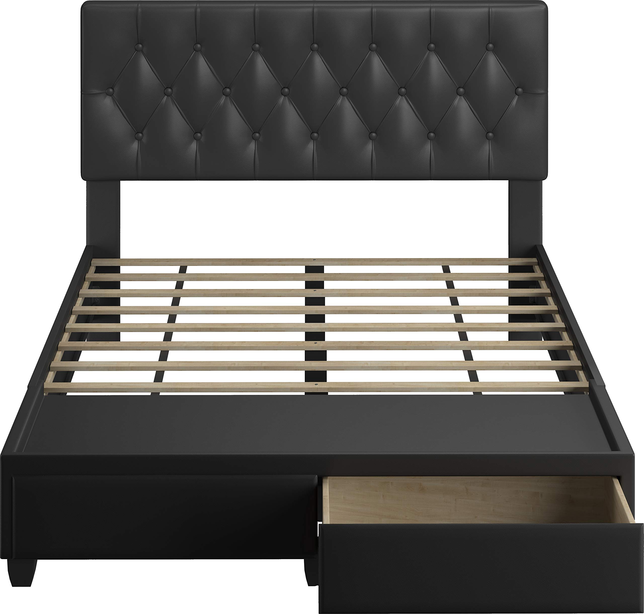 Boyd Sleep Verona Upholstered Platform Bed Frame with Headboard - Queen Size Black Faux Leather Storage Bed with Wood Slat Support | Button Tufted Design, Dual Front Drawers | Perfect for Small Bedrooms, Guest Rooms & Modern Apartments