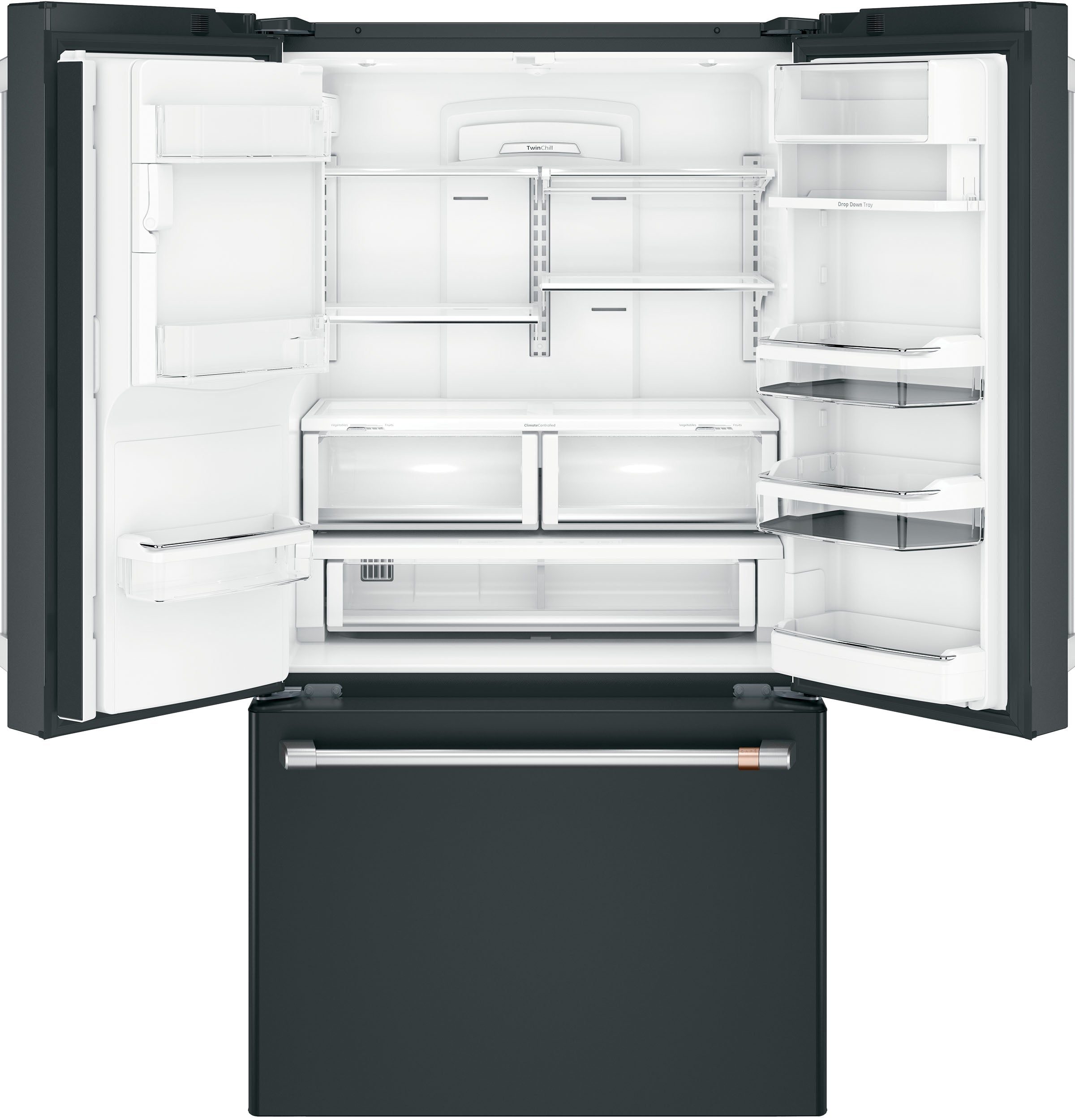 Matte Black 36-Inch Counter Depth French Door Refrigerator with Hot Water Dispenser - 22.2 Cu. Ft. Capacity (Model CYE22TP3MD1) - Perfect for Modern Kitchens and Entertaining Spaces