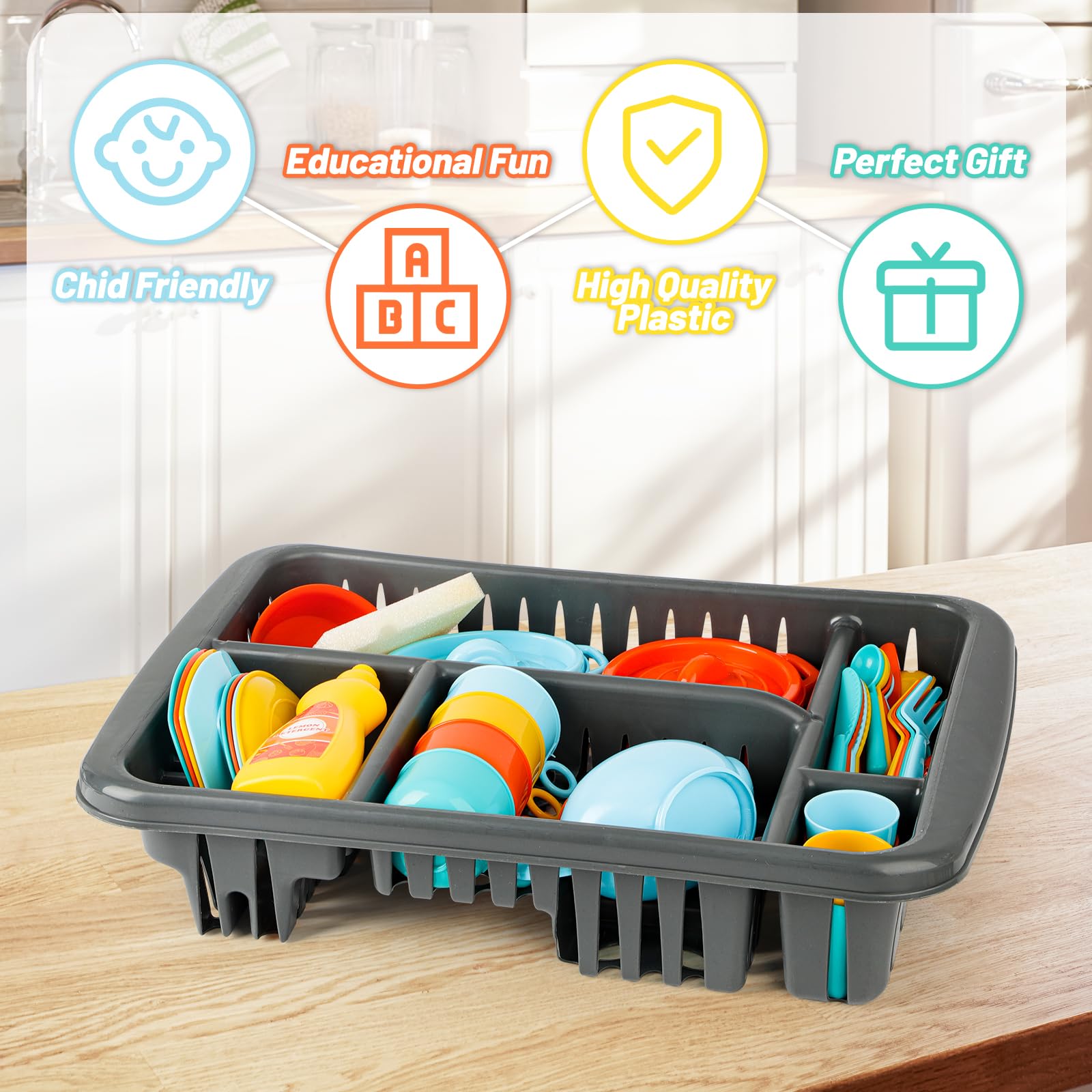 **41PCS Kids Pretend Play Kitchen Set - Durable Toy Dishes & Tableware with Drainer for Boys & Girls - Perfect for Role Play, Birthday Gifts & Early Learning Development**