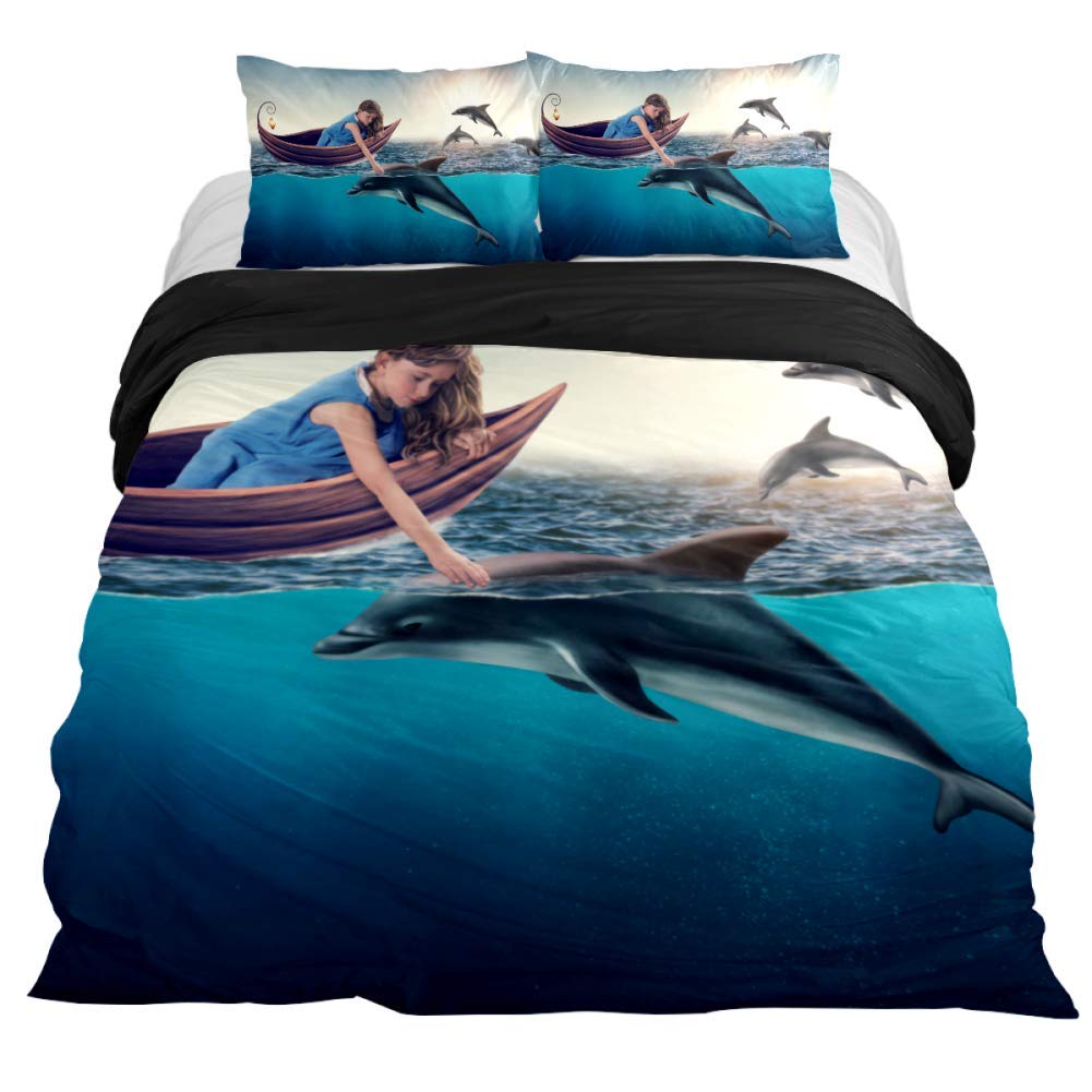 Anna Cowper Little Girl Playing with Dolphin 3-Piece Duvet Cover Set - King/Queen/Full/Twin Size, Soft Comforter Cover with Zipper Closure & 4 Corner Ties - Perfect for Kids' Bedrooms, Nursery Decor & Ocean-Themed Bedding