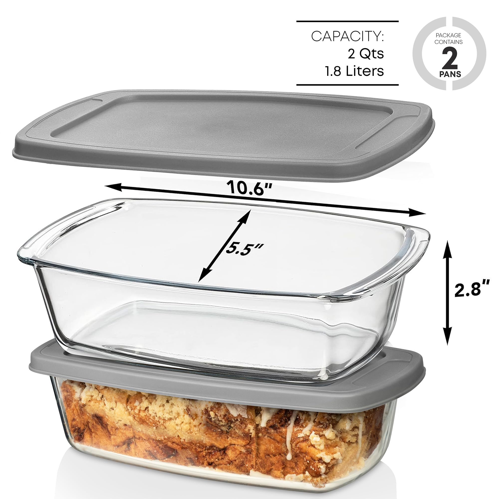 Razab 7.6 Cups Glass Loaf Pan with Lids (Set of 2) - 1800ml BPA Free Baking Dish for Bread, Meatloaf & Cakes - Microwave & Oven Safe with Airtight Lids & Grip Handle - Perfect for Home Baking, Meal Prep & Storage