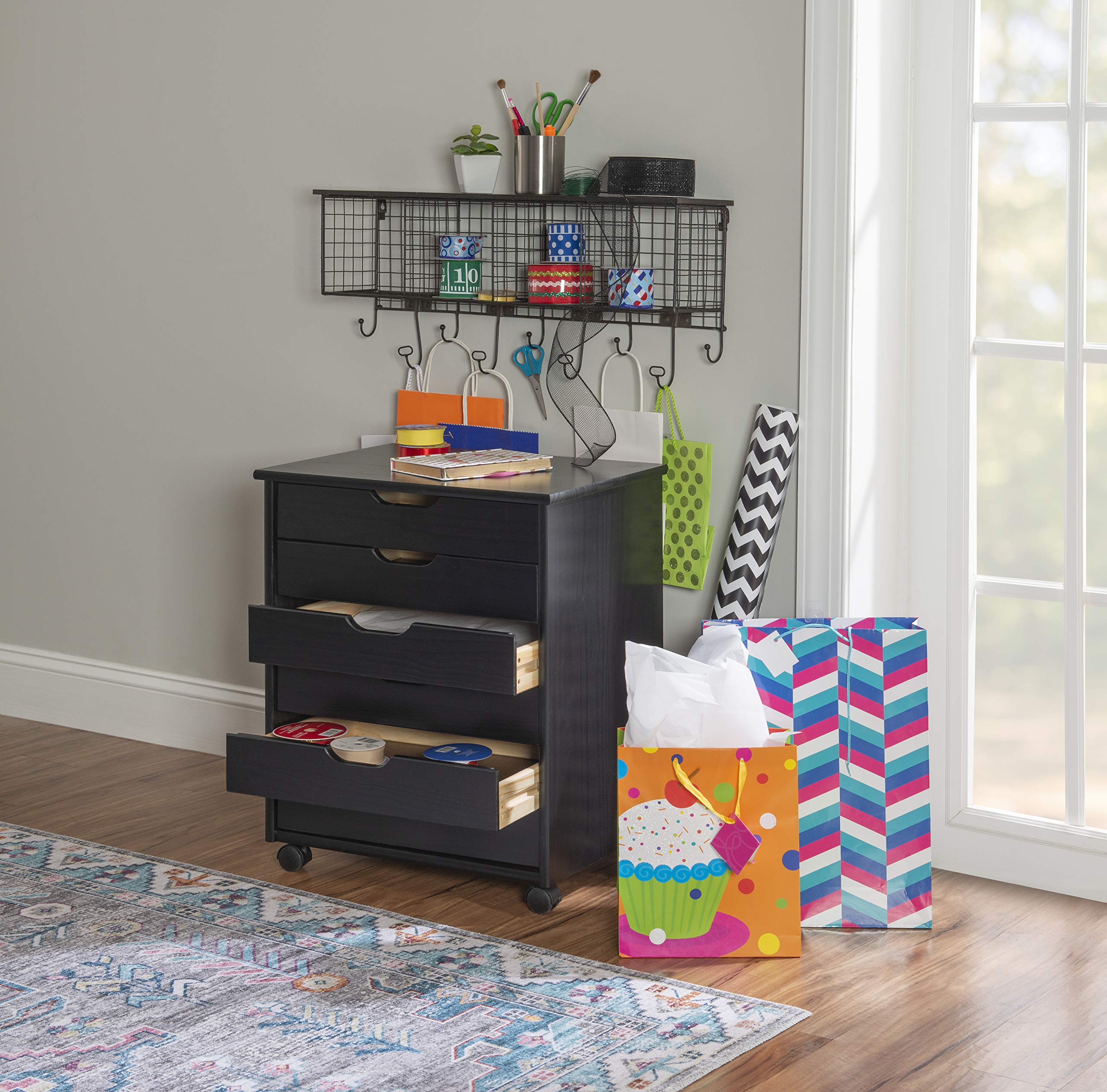 Linon Corinne Black 6-Drawer Wide Rolling Storage Cart - Perfect for Home, Office, and Craft Room Organization