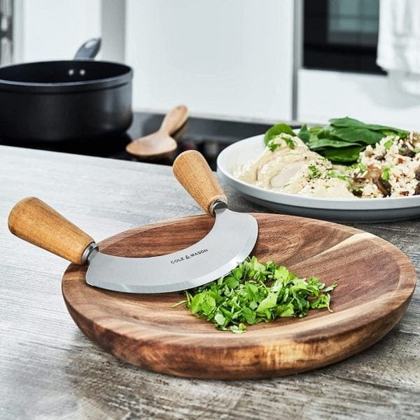 Premium Ashden Acacia Wood Mezzaluna Knife with Cutting Board - Perfect for Chopping Herbs, Vegetables & Pizza - Ideal for Kitchen, Camping & Outdoor Cooking