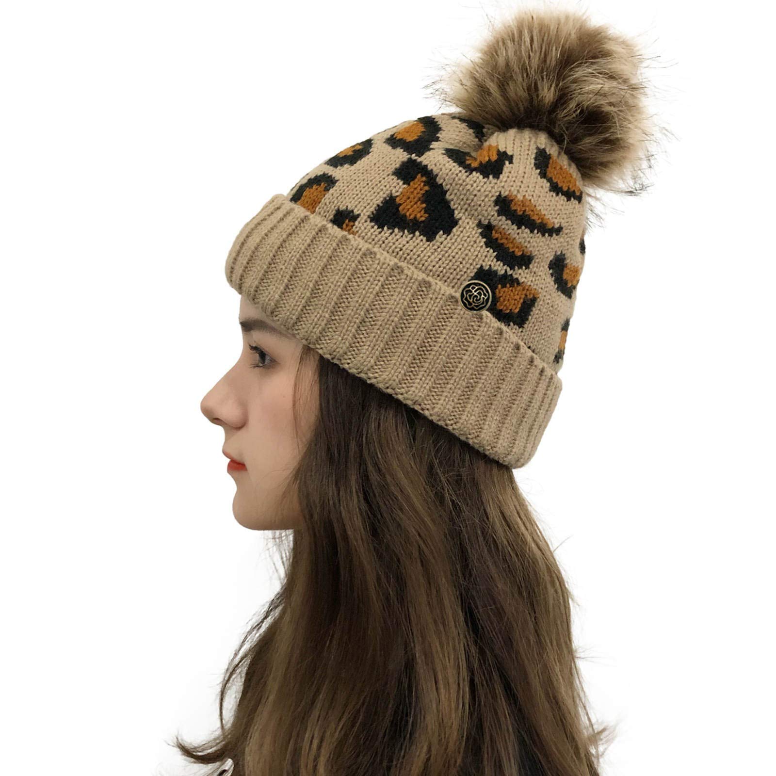Women's Leopard Print Crochet Knit Beanie Hat with Button - Soft Plush Baseball Cap for Outdoor Activities, Winter Fashion, and Casual Wear