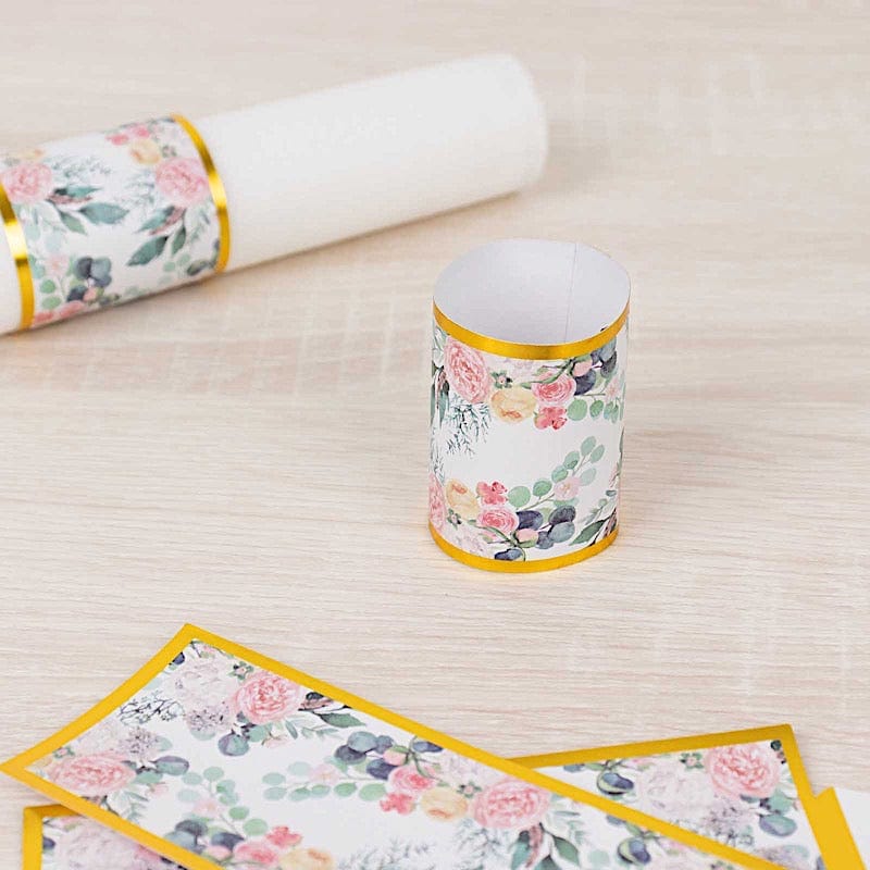 50 Pack Floral Print Disposable Paper Napkin Rings for Weddings, Parties, and Elegant Table Settings